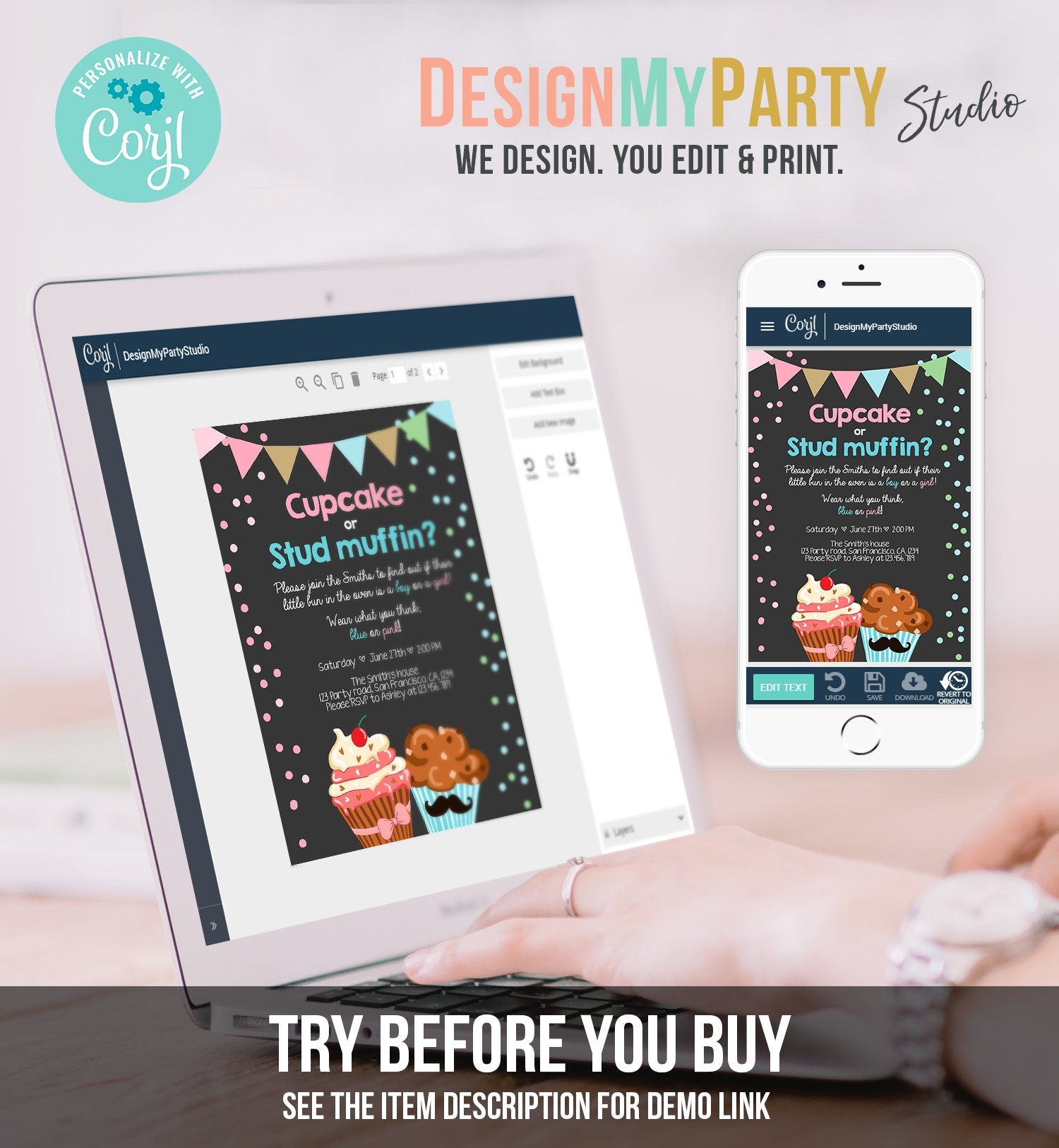 Editable Cupcake or Stud Muffin Gender Reveal Party Invitation Boy or Girl He or She Pink or Blue Download Editable Printable Corjl 0229