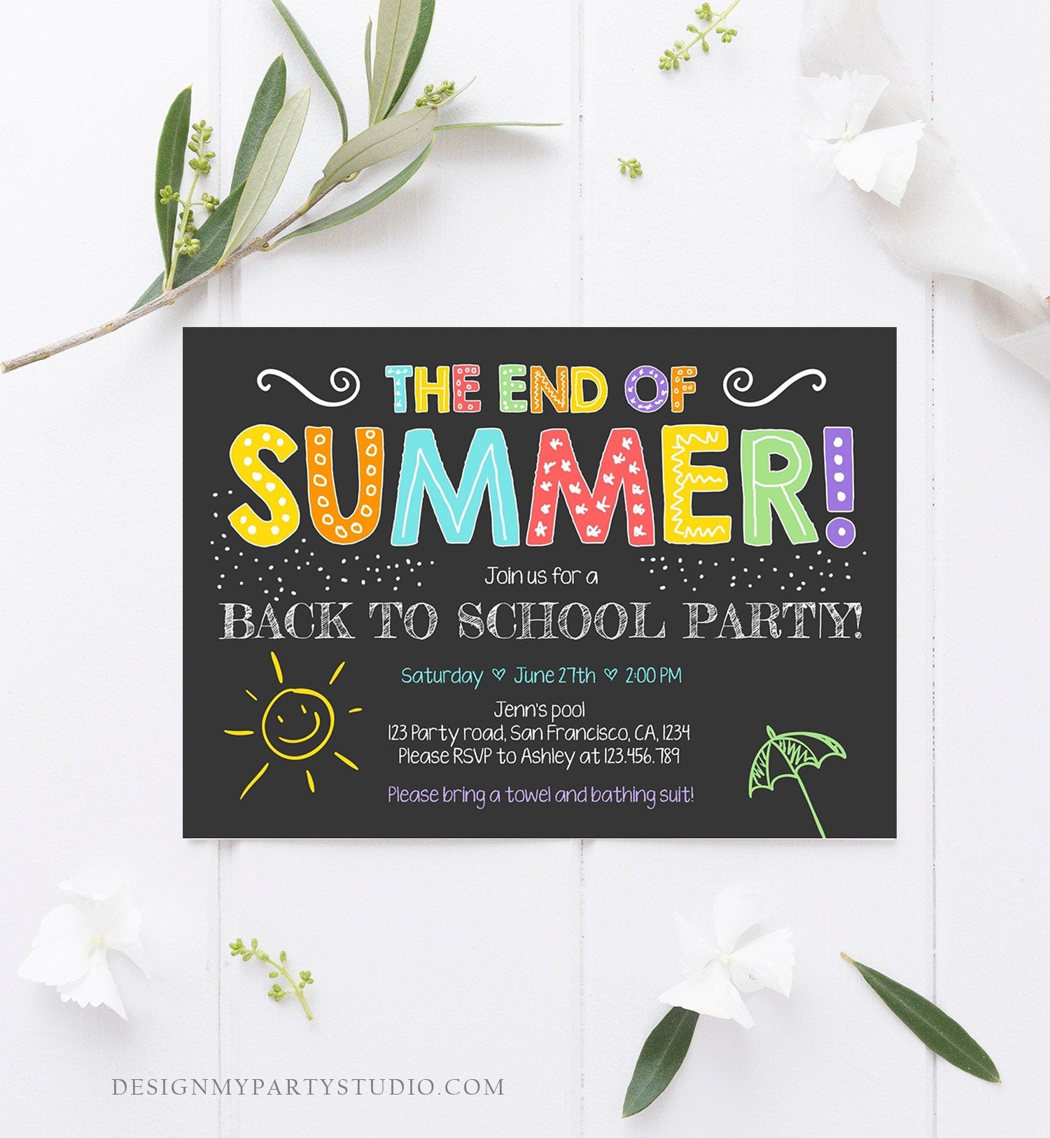 Editable End Of The Summer Pool Party Invitation Back to School Splish Splash Birthday Swimming Download Corjl Template Printable 0156