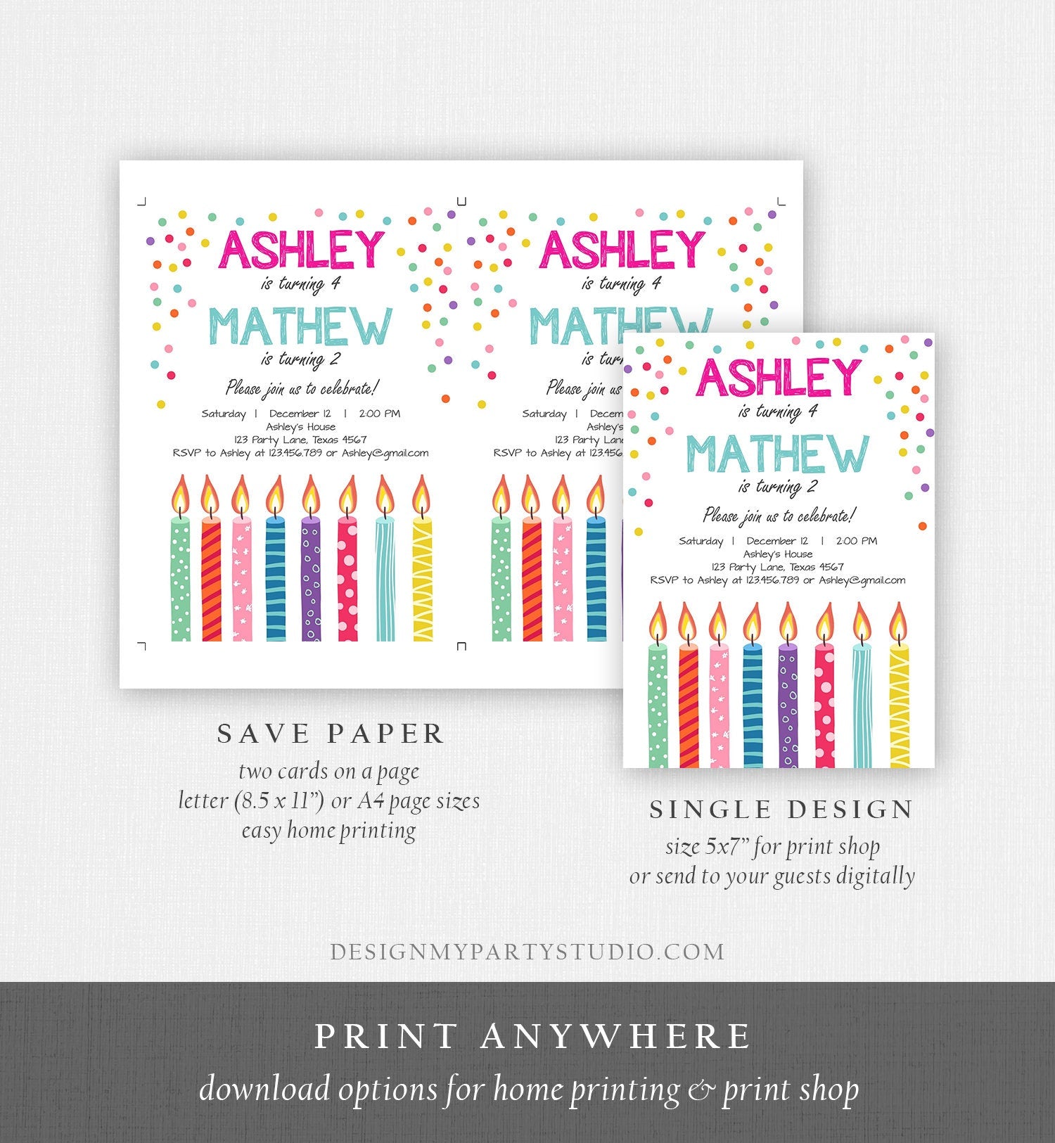 Editable Joint Twin Birthday Invitation Twins Confetti Siblings Birthday Party Boy Girl Download Printable Template Digital Corjl 0277