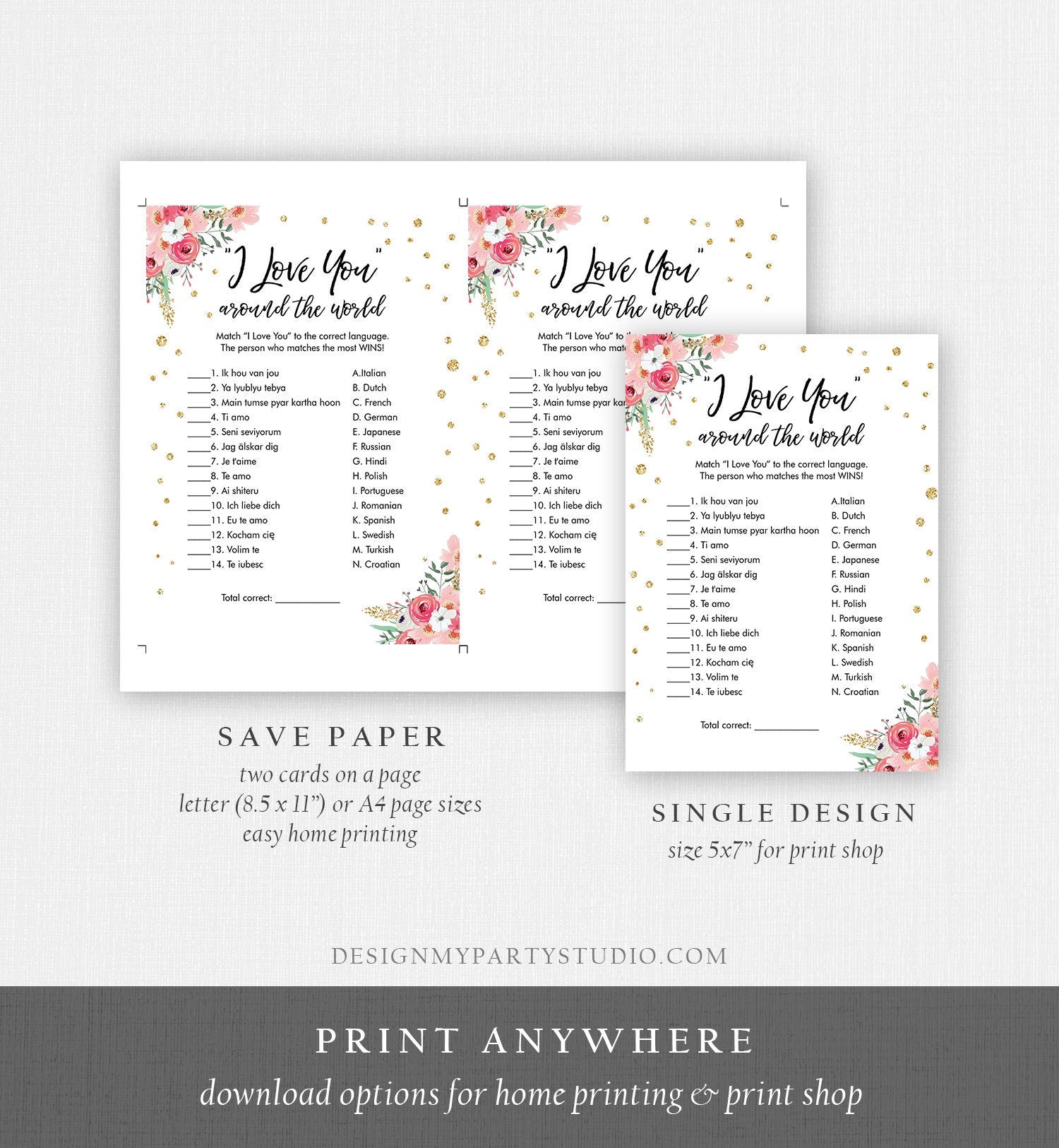 Editable Travel Bridal Shower Game I Love You Around the World Wedding Shower Activity Floral Bachelorette Corjl Printable 0030 0318