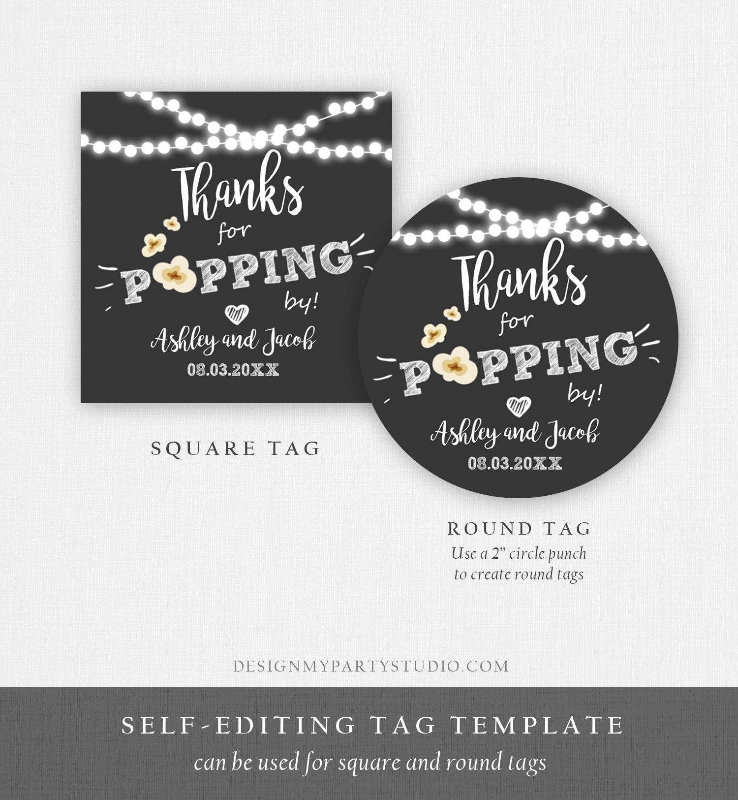 Editable Thanks For Popping By Gift Popcorn Favor Tag String Lights Bridal Shower Wedding Birthday Party Stickers Template Printable 0110