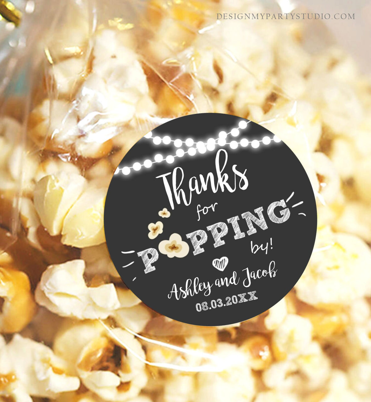 Editable Thanks For Popping By Gift Popcorn Favor Tag String Lights Bridal Shower Wedding Birthday Party Stickers Template Printable 0110