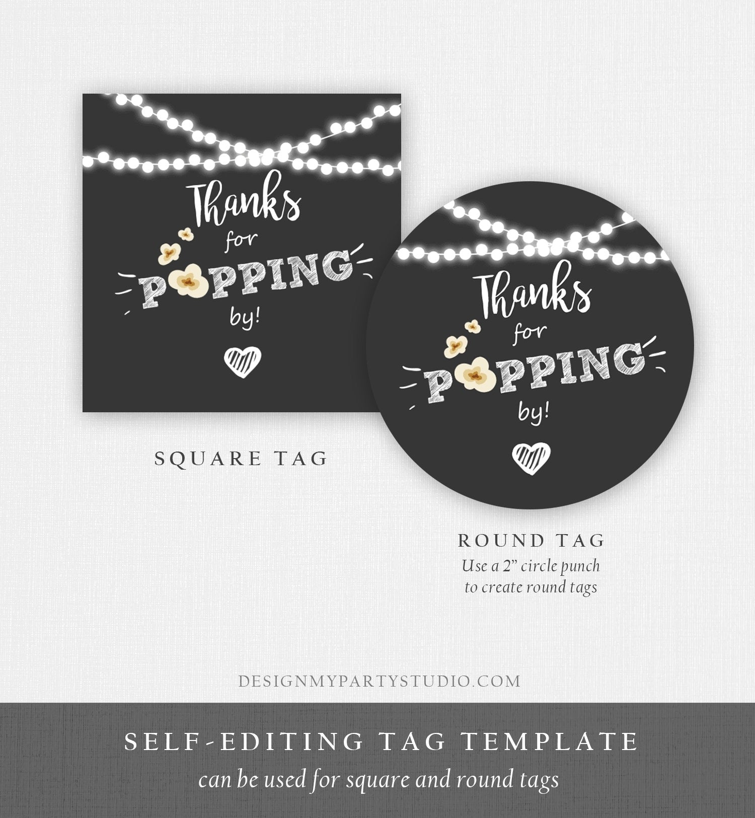 Editable Thanks For Popping By Gift Popcorn Favor Tag String Lights Bridal Shower Wedding Birthday Party Stickers Template Corjl 0110