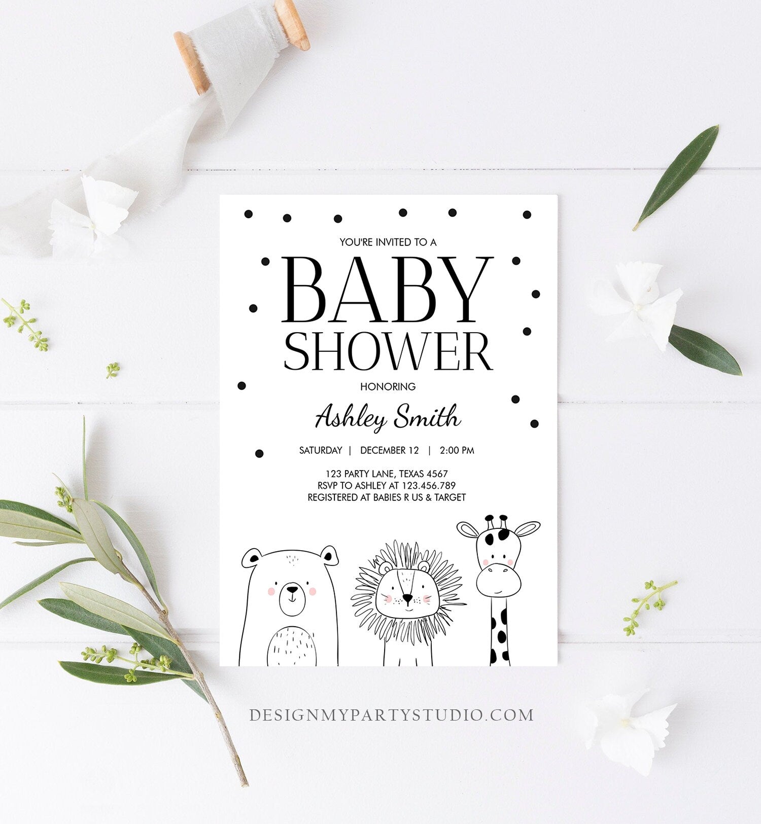 Editable Baby Shower Invitation Animals Cute Safari Animal Woodland Zoo Jungle Gender Neutral Modern Template Download Digital Corjl 0039