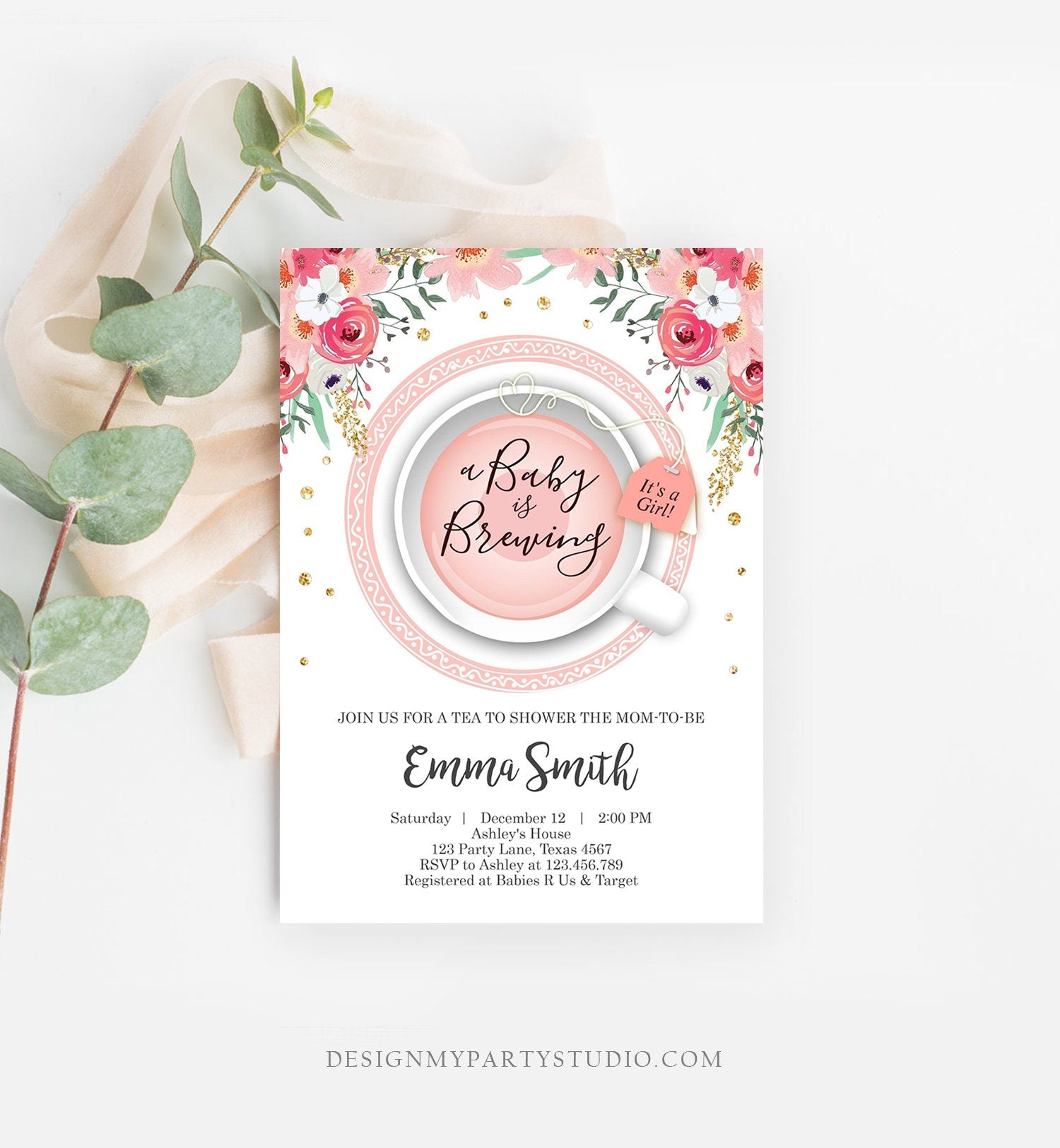 Editable a Baby is Brewing Invitation Girl Baby Shower Invite Pink and Gold Floral Tea Cup Flowers Instant Download Printable Template Corjl