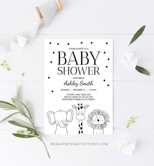 Editable Baby Shower Invitation Animals Cute Safari Animal Zoo Jungle Modern Gender Neutral Simple Template Download Digital Corjl 0039