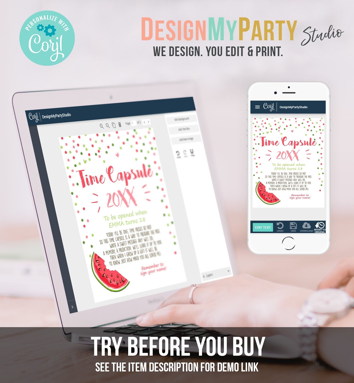 Editable One in a Melon Time Capsule First Birthday Party Watermelon Pink Red Girl Birthday Melon Guestbook Digital Template Printable 0120