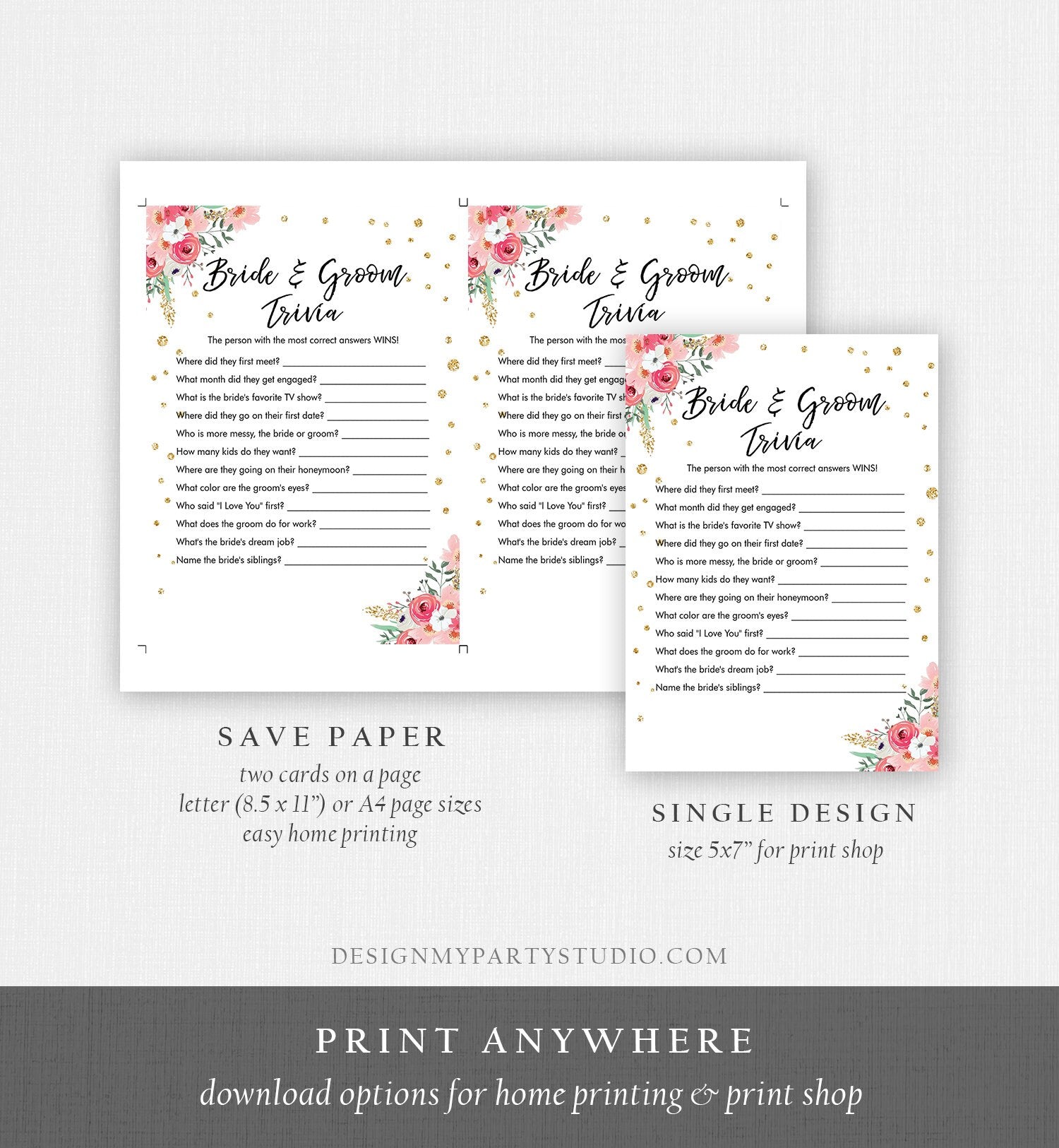 Editable Bride and Groom Trivia Bridal Shower Game Floral Pink Gold Confetti What Did He or She Said Download Corjl Printable 0030 0318