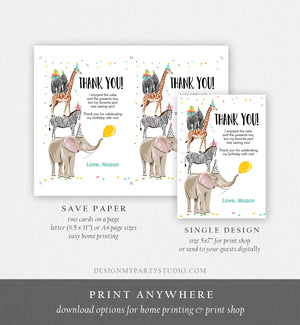 Editable Thank You Card Party Animals Thank you Note Wild Safari Animals Boy Jungle Zoo Download Printable Template Digital Corjl 0142