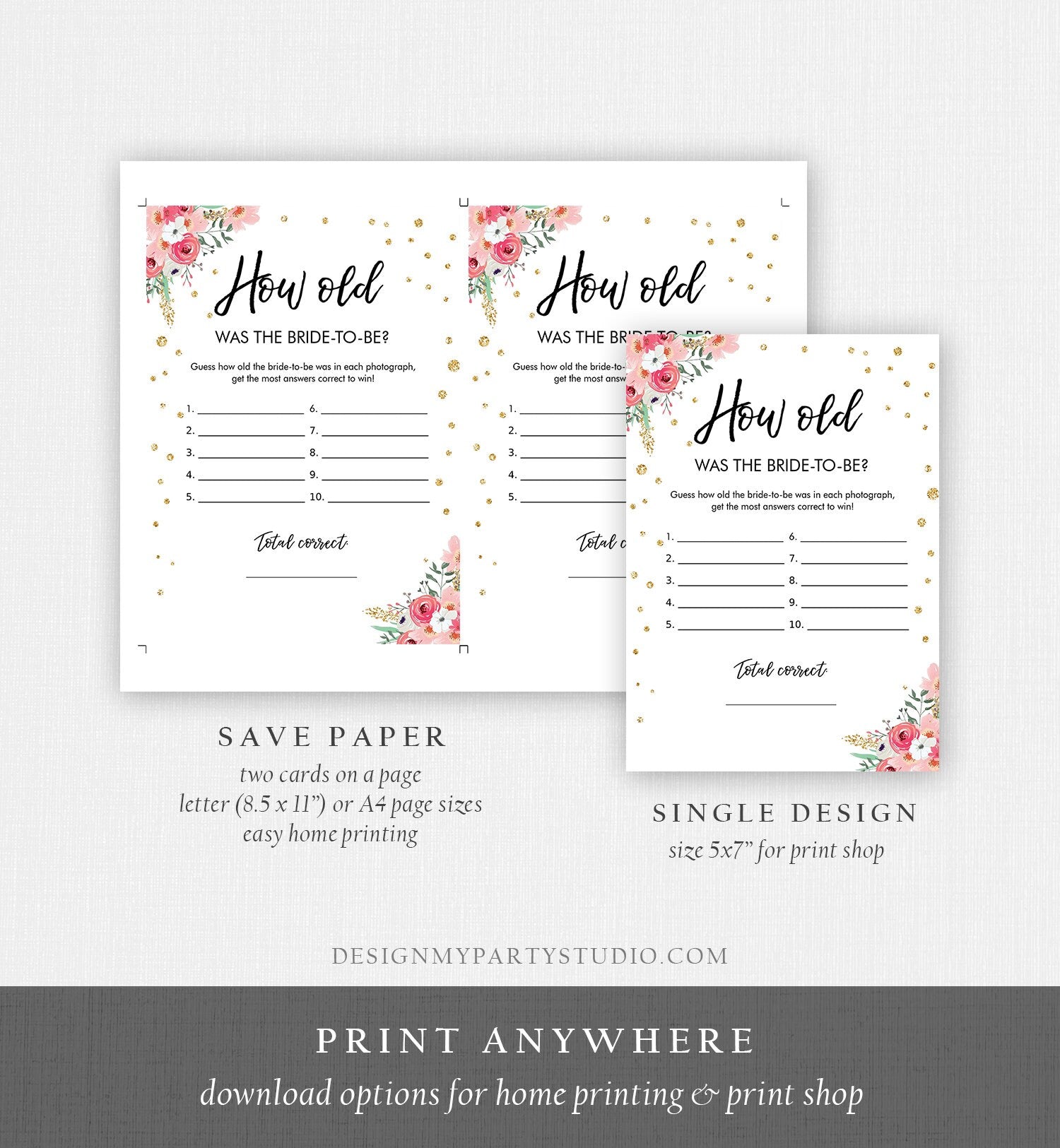 Editable How Old Was The Bride-to-Be Bridal Shower Game Wedding Shower Activity Floral Pink Gold Confetti Corjl Template Printable 0030 0318