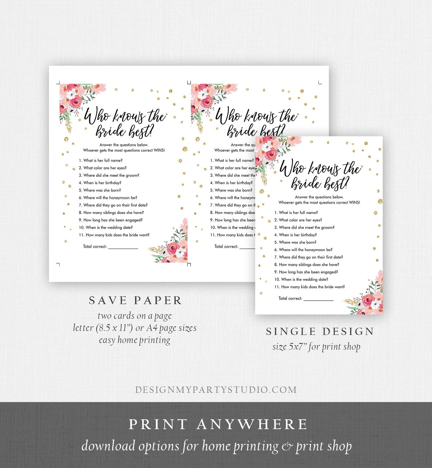 Editable Who Knows the Bride Best Bridal Shower Game Wedding Shower Activity Floral Pink Gold Confetti Corjl Template Printable 0030 0318