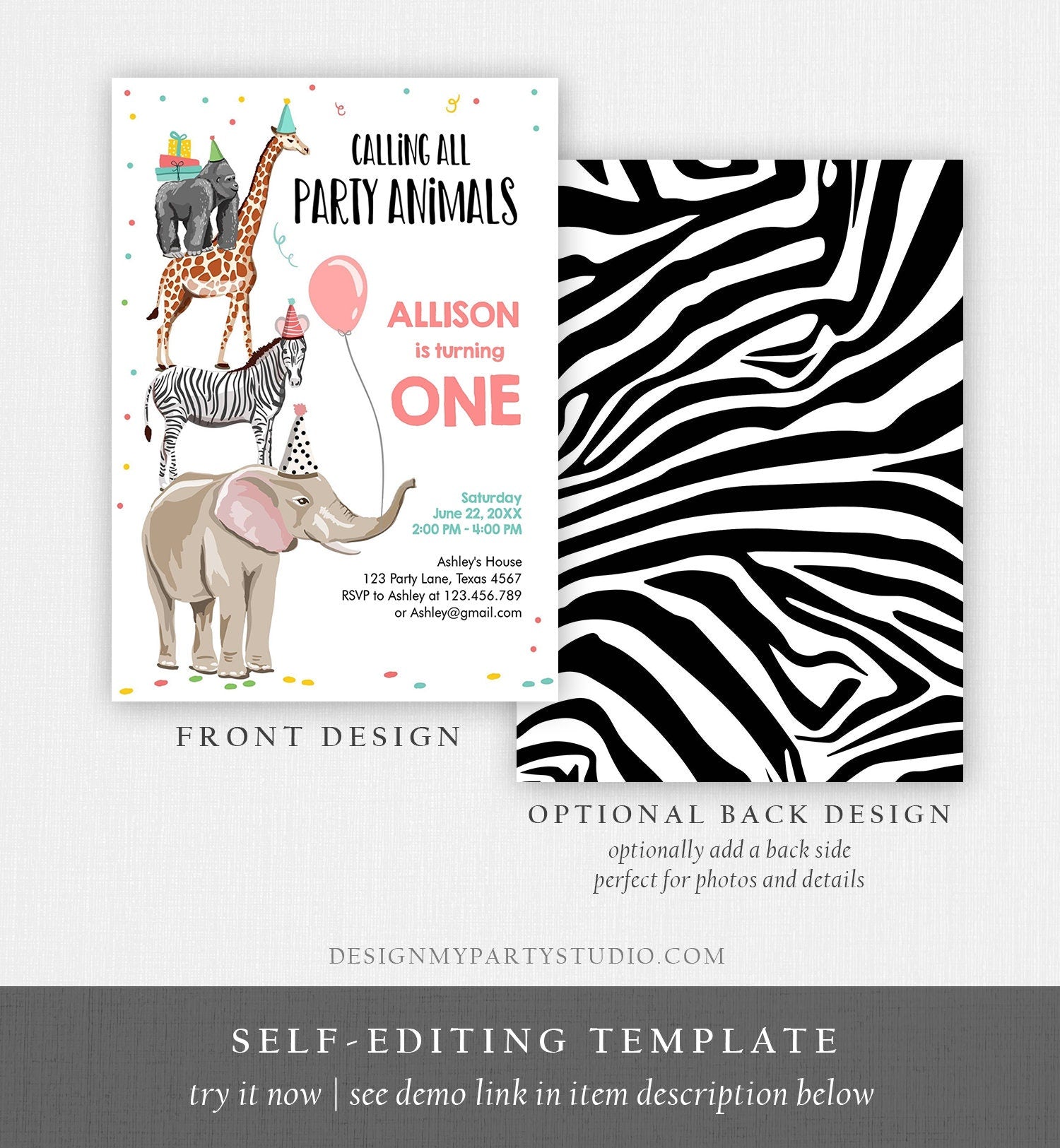 Editable Party Animals Birthday Invitation Wild One Wild Animals Zoo Safari Animals Girl Digital Download Corjl Template Printable 0142