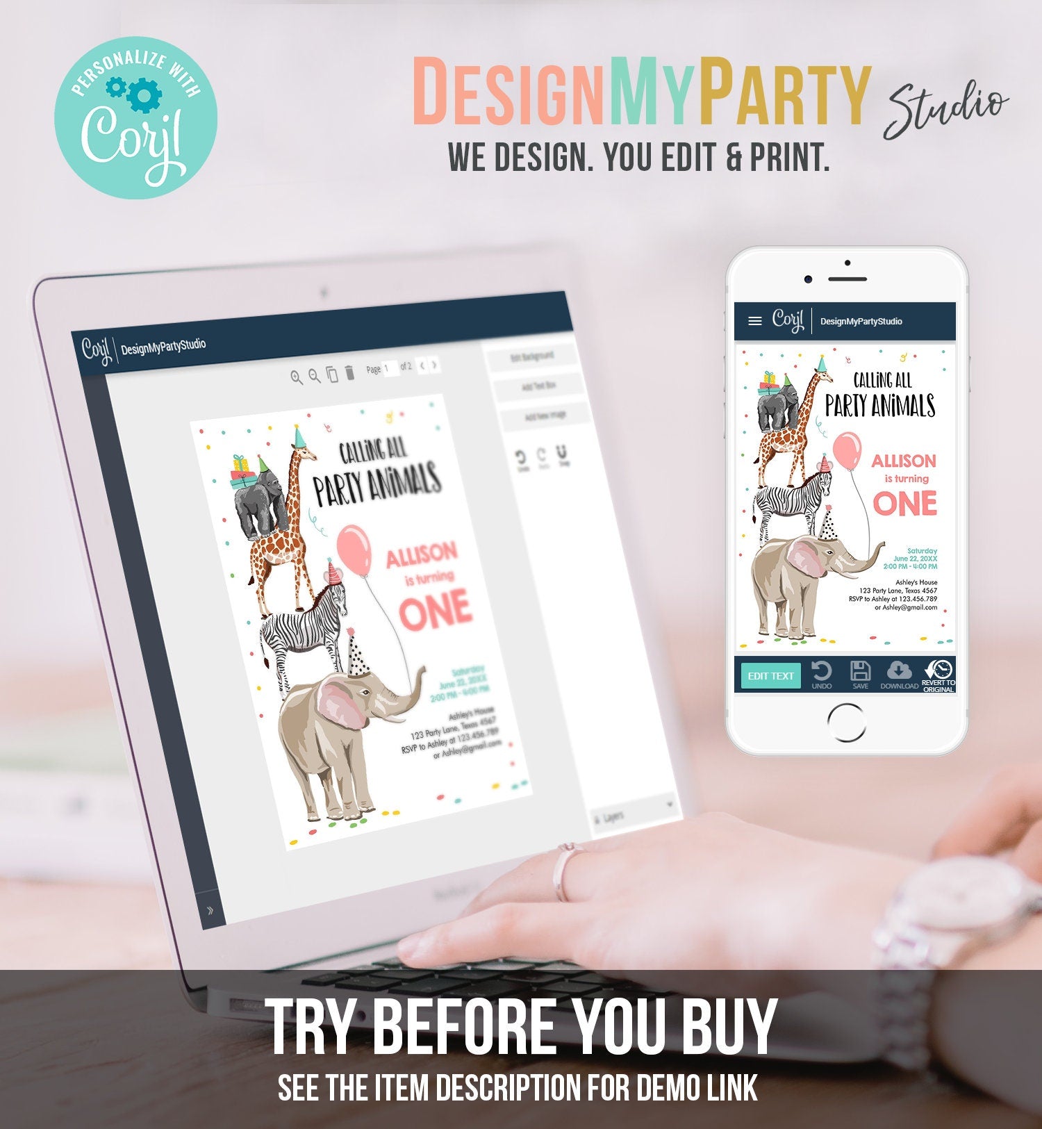 Editable Party Animals Birthday Invitation Wild One Wild Animals Zoo Safari Animals Girl Digital Download Corjl Template Printable 0142