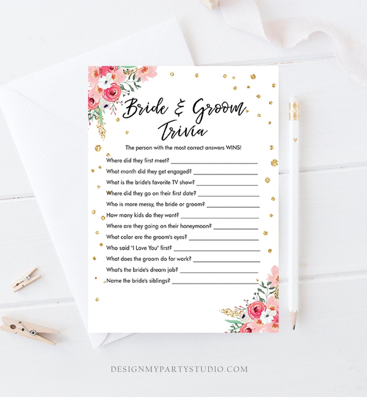 Editable Travel Adventure Floral Bridal Shower Games Bundle Wedding Shower Activity Pink Gold Confetti Corjl Template Printable 0030 0318