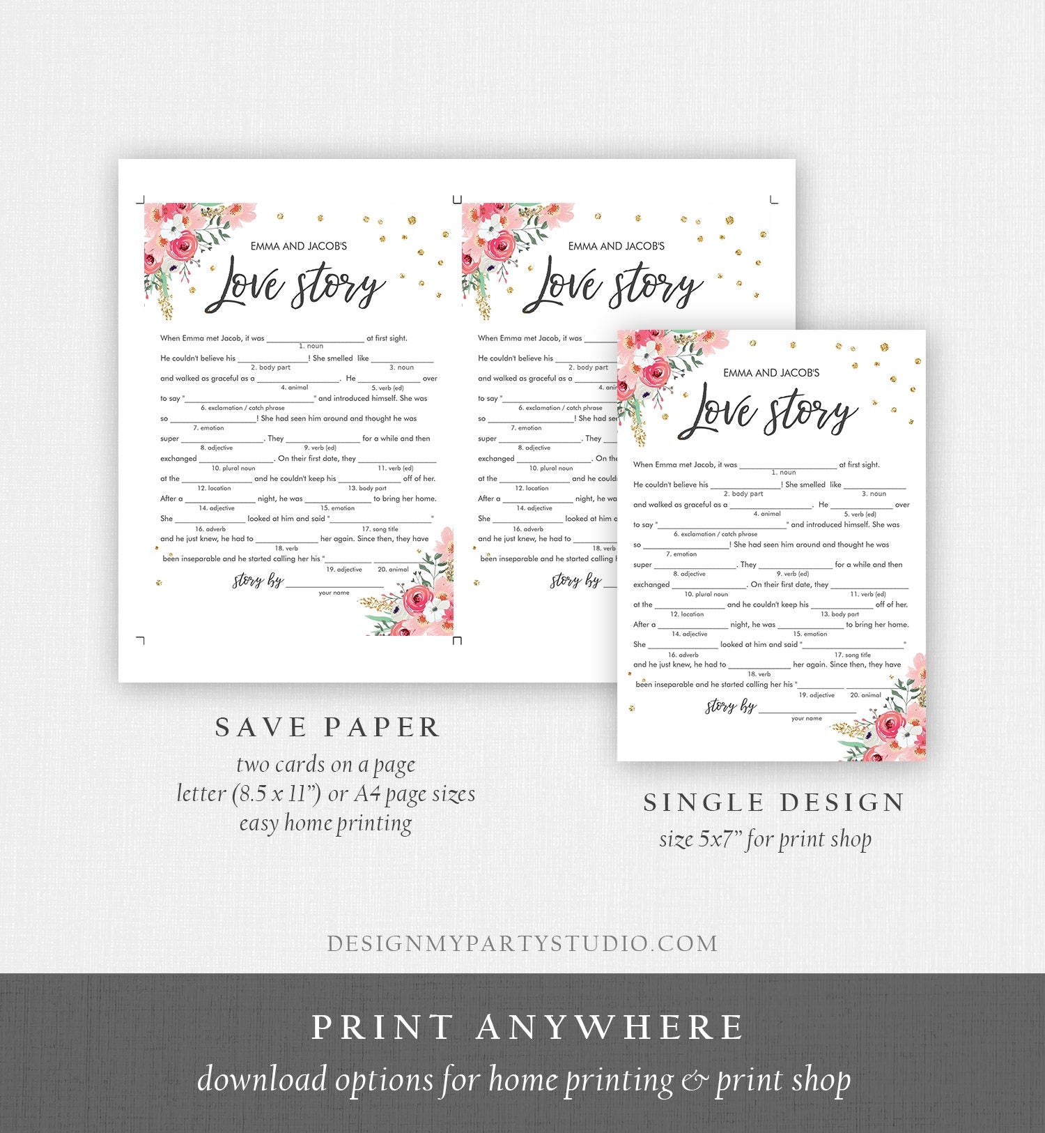 Editable Travel Adventure Floral Bridal Shower Games Bundle Wedding Shower Activity Pink Gold Confetti Corjl Template Printable 0030 0318