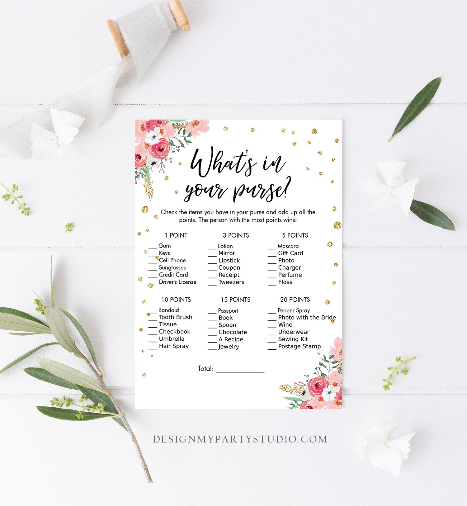 Editable What&#39;s in Your Purse Bridal Shower Game Wedding Shower Activity Pink Floral Gold Confetti Flowers Corjl Printable 0030 0318