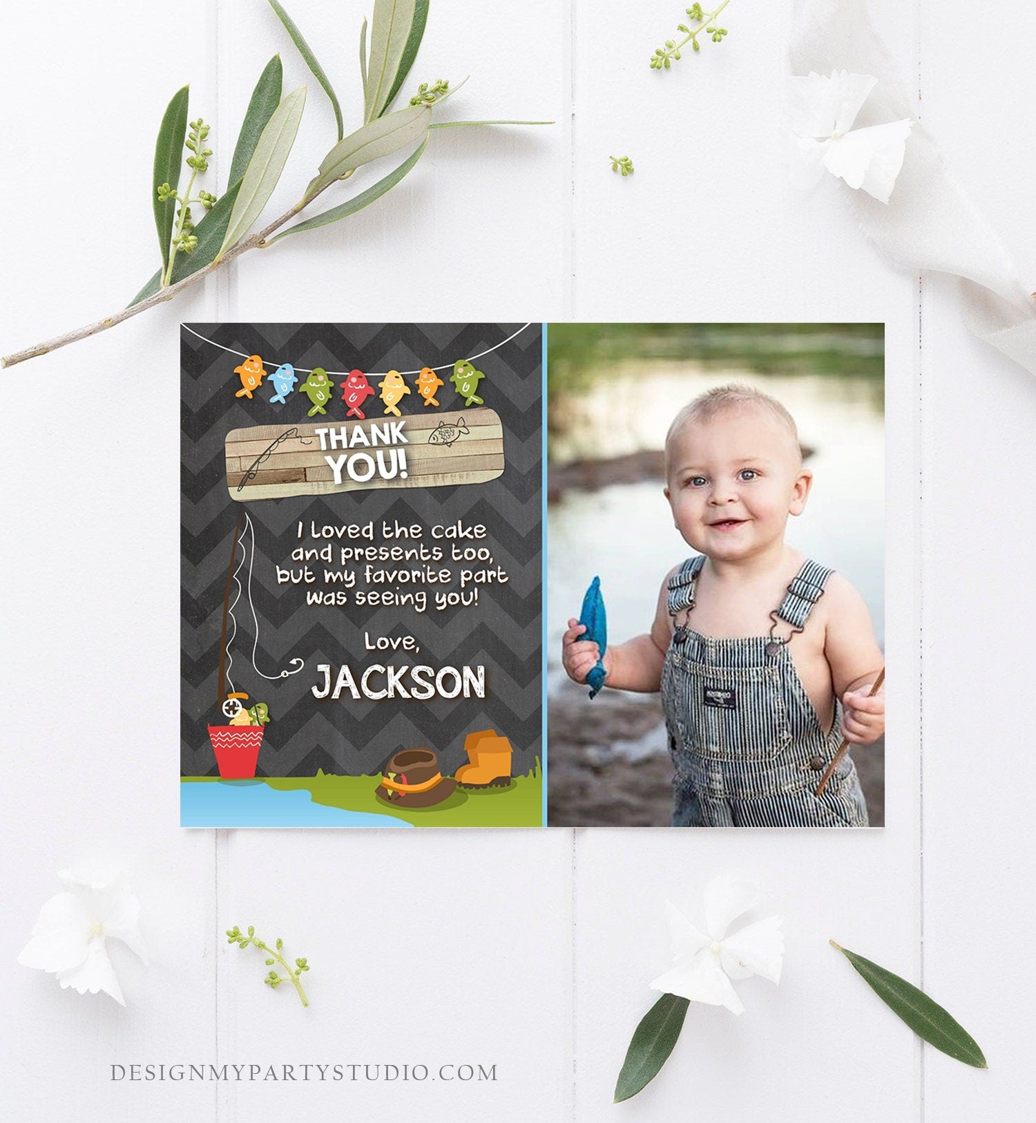 Editable Fishing Thank You Card Boy Birthday o-Fish-Ally Wood 1st First Birthday Gone Fishing Digital Download Template Printable 0080