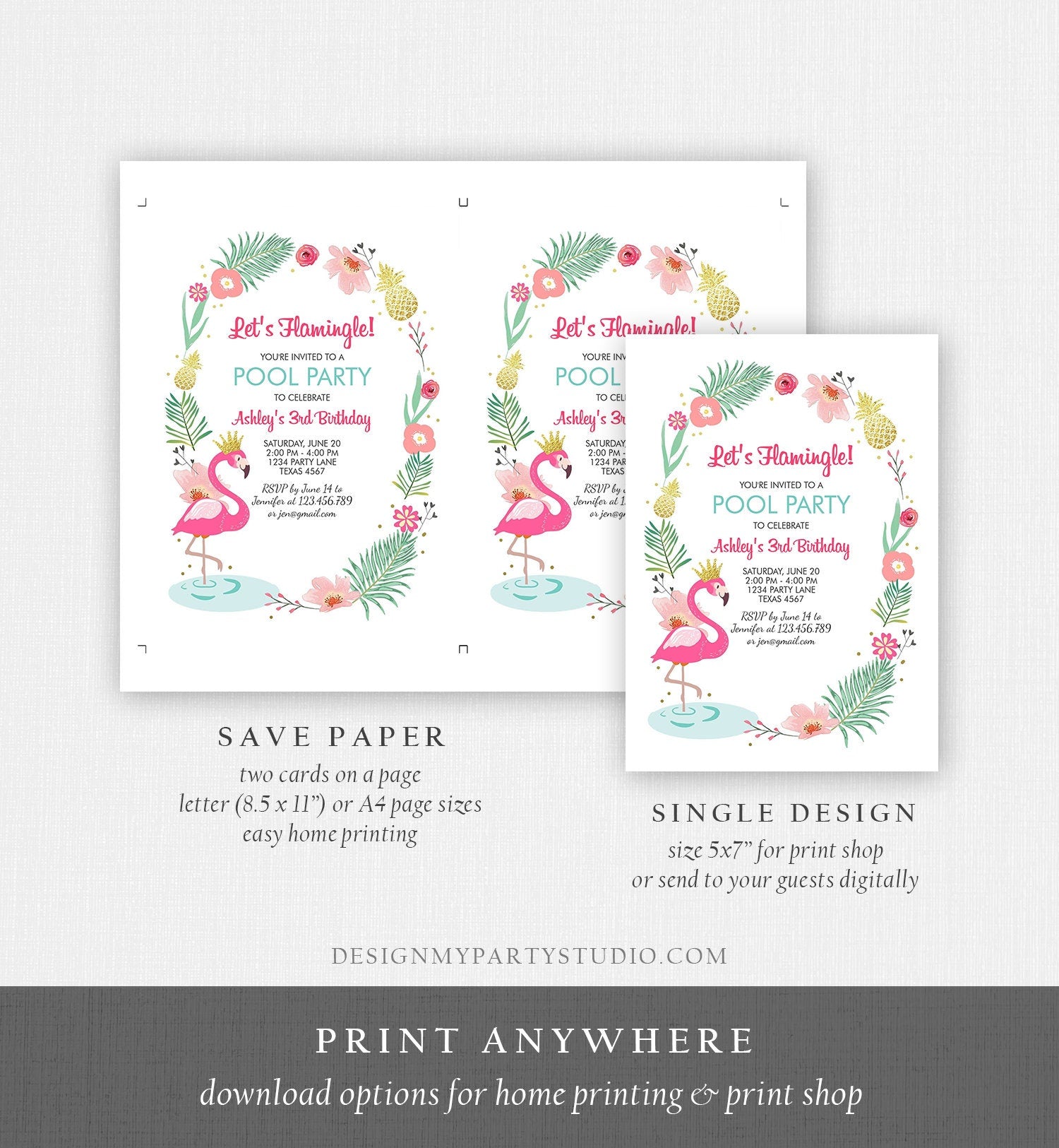 Editable Flamingle Birthday Invitation Girl Tropical Party Flamingo Luau Aloha Pool Party Pink Gold Download Printable Template Corjl 0132