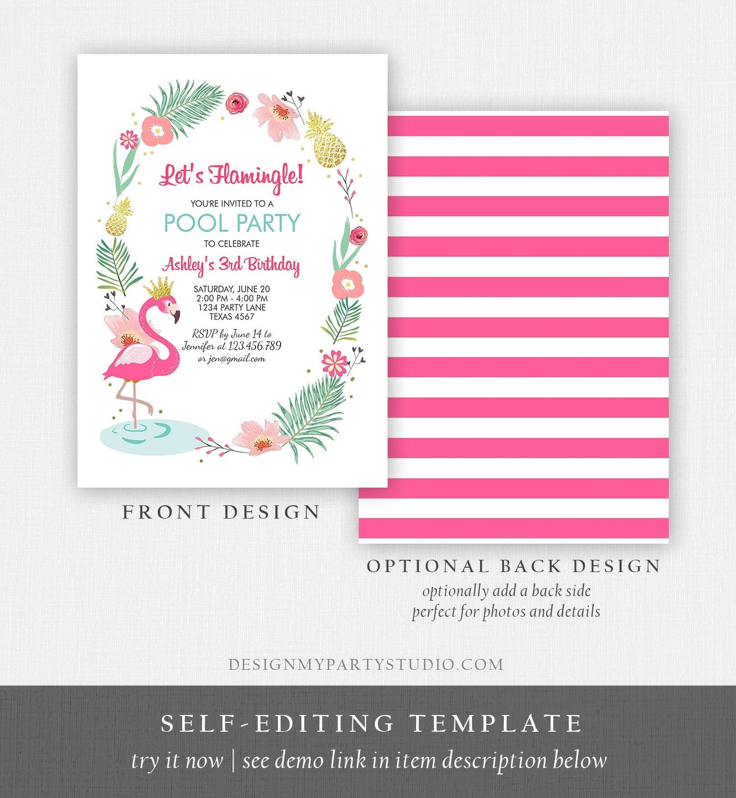 Editable Flamingle Birthday Invitation Girl Tropical Party Flamingo Luau Aloha Pool Party Pink Gold Download Printable Template Corjl 0132