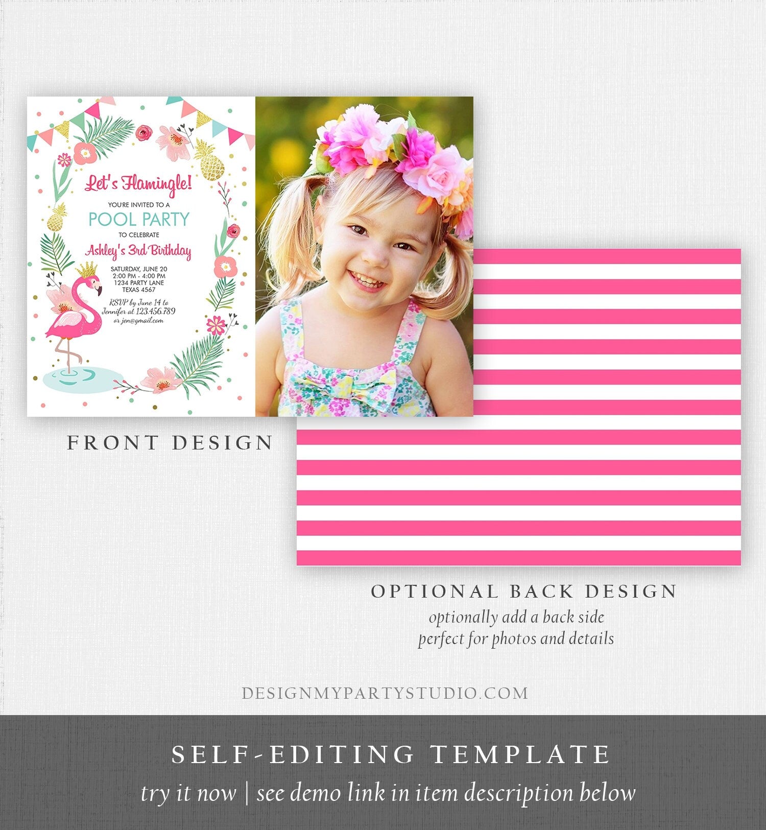 Editable Flamingle Birthday Invitation Girl Tropical Party Flamingo Luau Aloha Pool Party Pink Gold Download Printable Template Corjl 0132