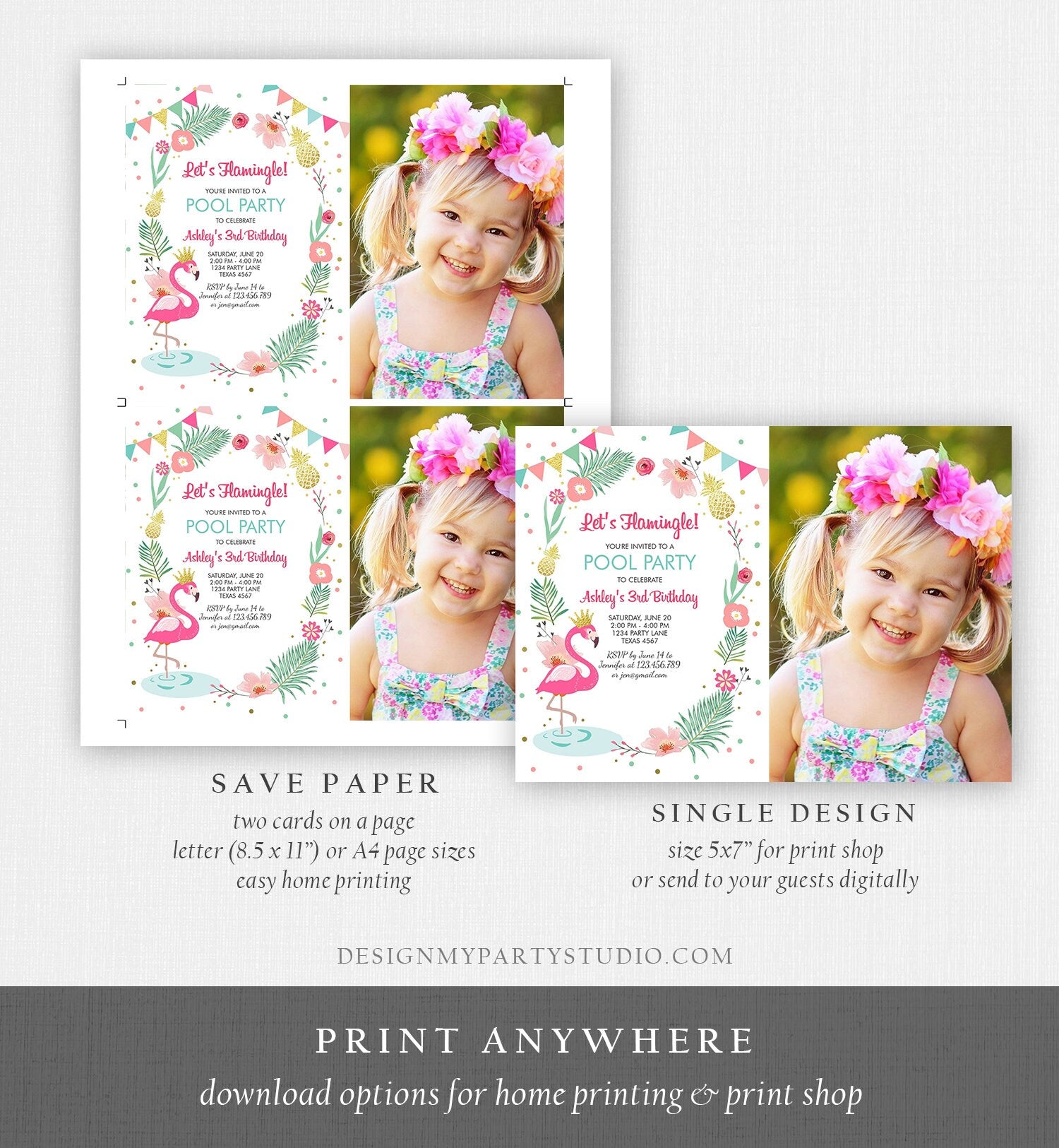 Editable Flamingle Birthday Invitation Girl Tropical Party Flamingo Luau Aloha Pool Party Pink Gold Download Printable Template Corjl 0132