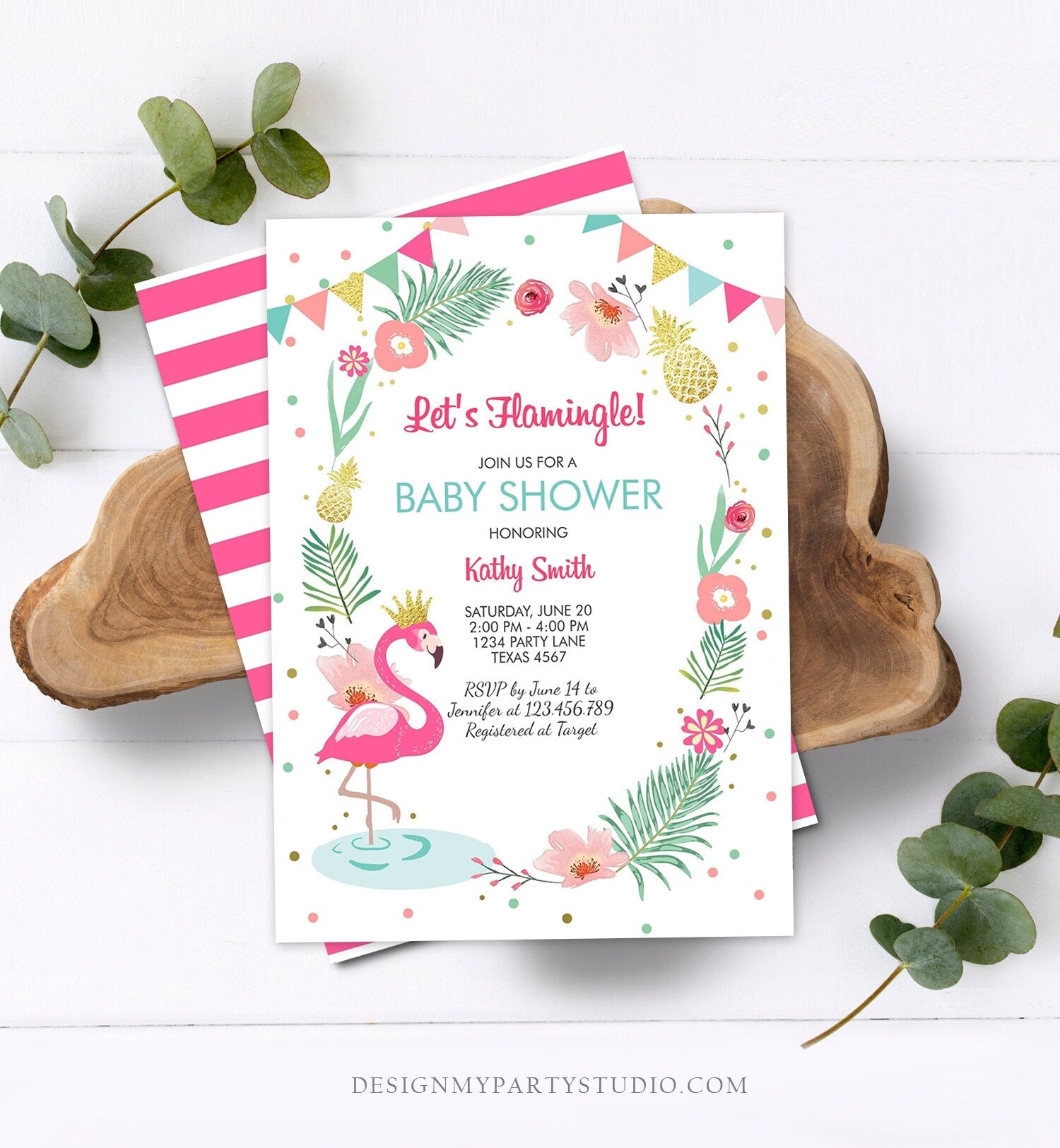 Editable Flamingo Baby Shower Invitation Tropical Shower Lets Flamingle Girl Pink Gold Summer Download Printable Invite Template Corjl 0132