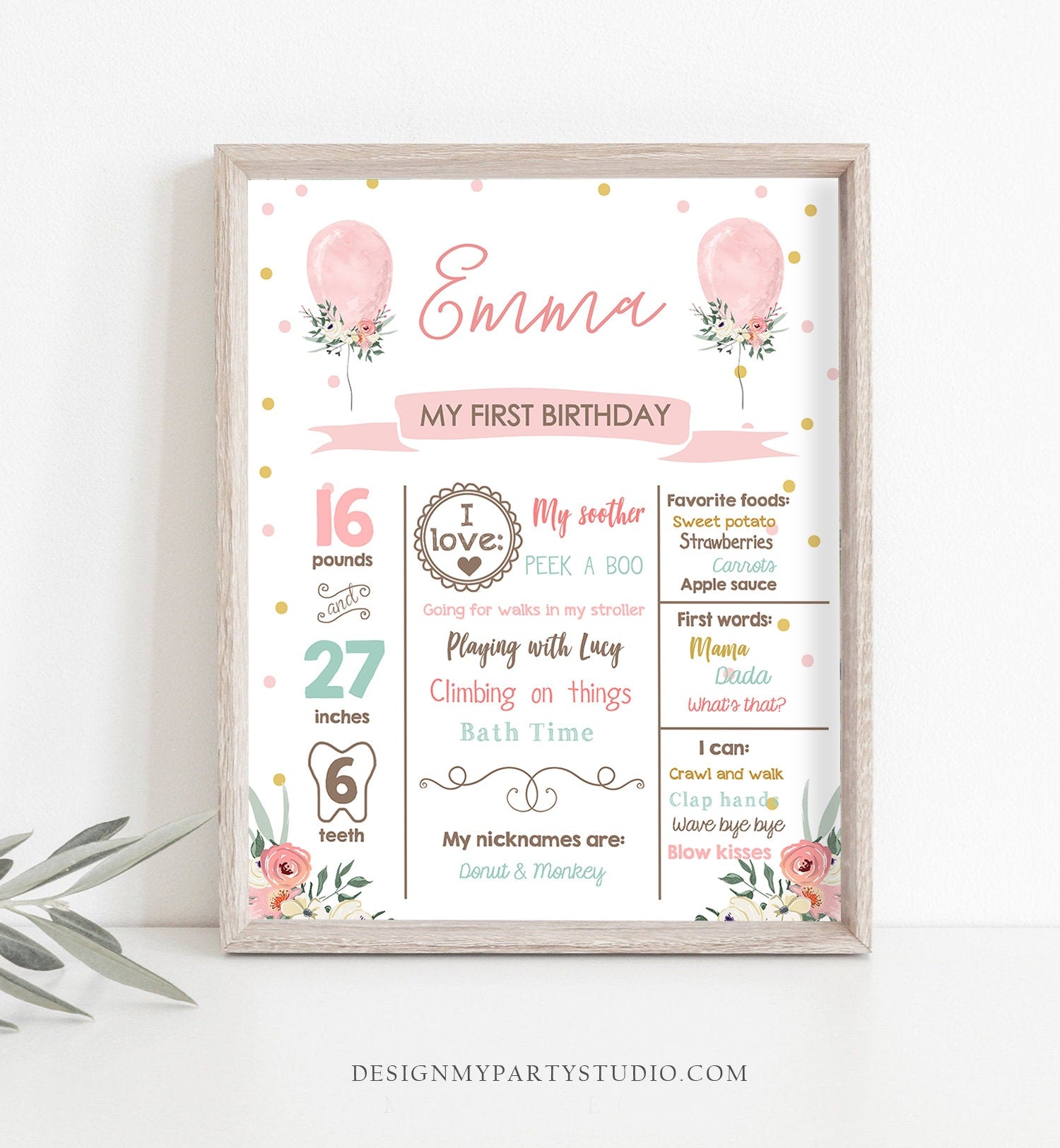 Editable Birthday Milestones Sign Floral Balloon First Birthday Girl Pink 1st Birthday Confetti Download Template Printable Corjl 0221