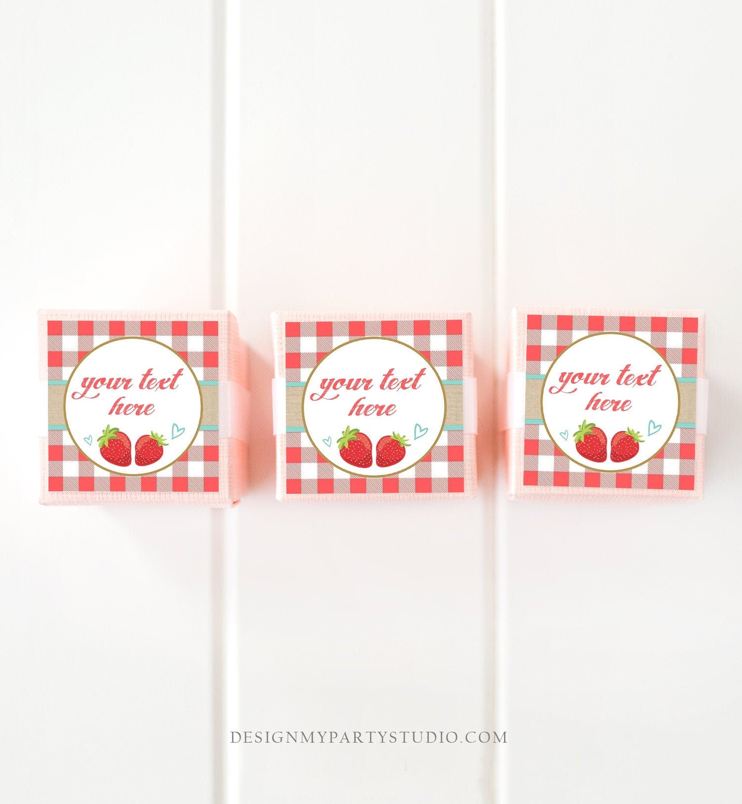 Editable Strawberry Labels Strawberry Birthday Favor Tags Gingham Jam Label Round Jam Stickers Canning Jar Template Corjl PRINTABLE 0091