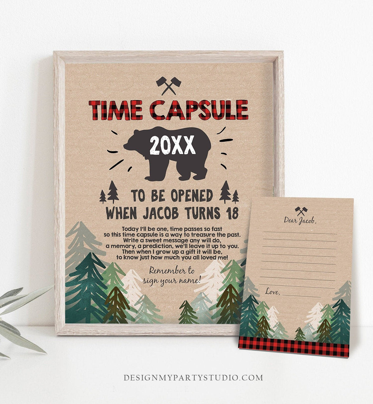 Editable Lumberjack Time Capsule First Birthday Party Game Bear Trees Buffalo Plaid Guestbook Digital Download Corjl Template Printable 0026