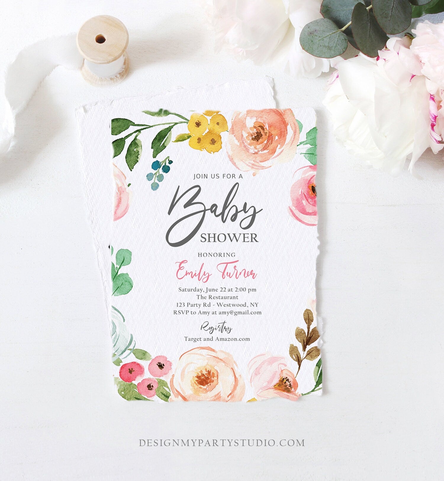 Editable Floral Baby Shower Invitation Floral Pink Bohemian Baby Sprinkle Shower for Girl Spring Summer Boho Printable Corjl Template 0166