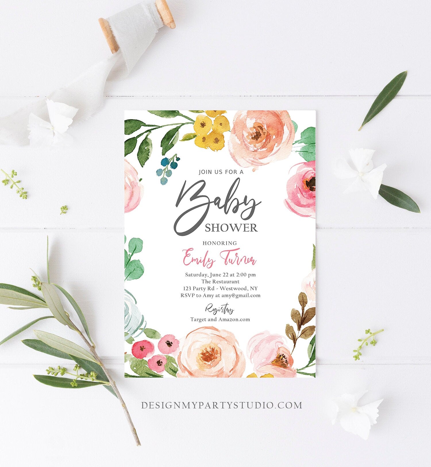 Editable Floral Baby Shower Invitation Floral Pink Bohemian Baby Sprinkle Shower for Girl Spring Summer Boho Printable Corjl Template 0166