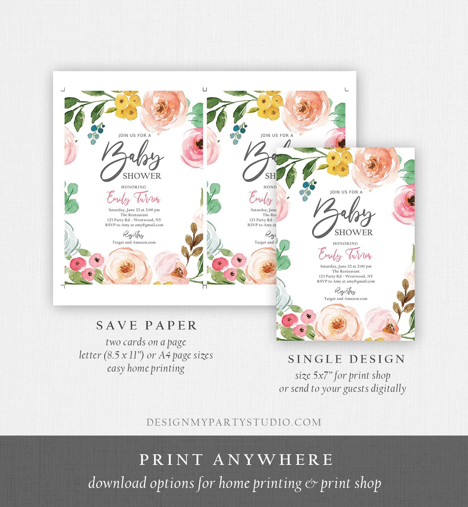 Editable Floral Baby Shower Invitation Floral Pink Bohemian Baby Sprinkle Shower for Girl Spring Summer Boho Printable Corjl Template 0166