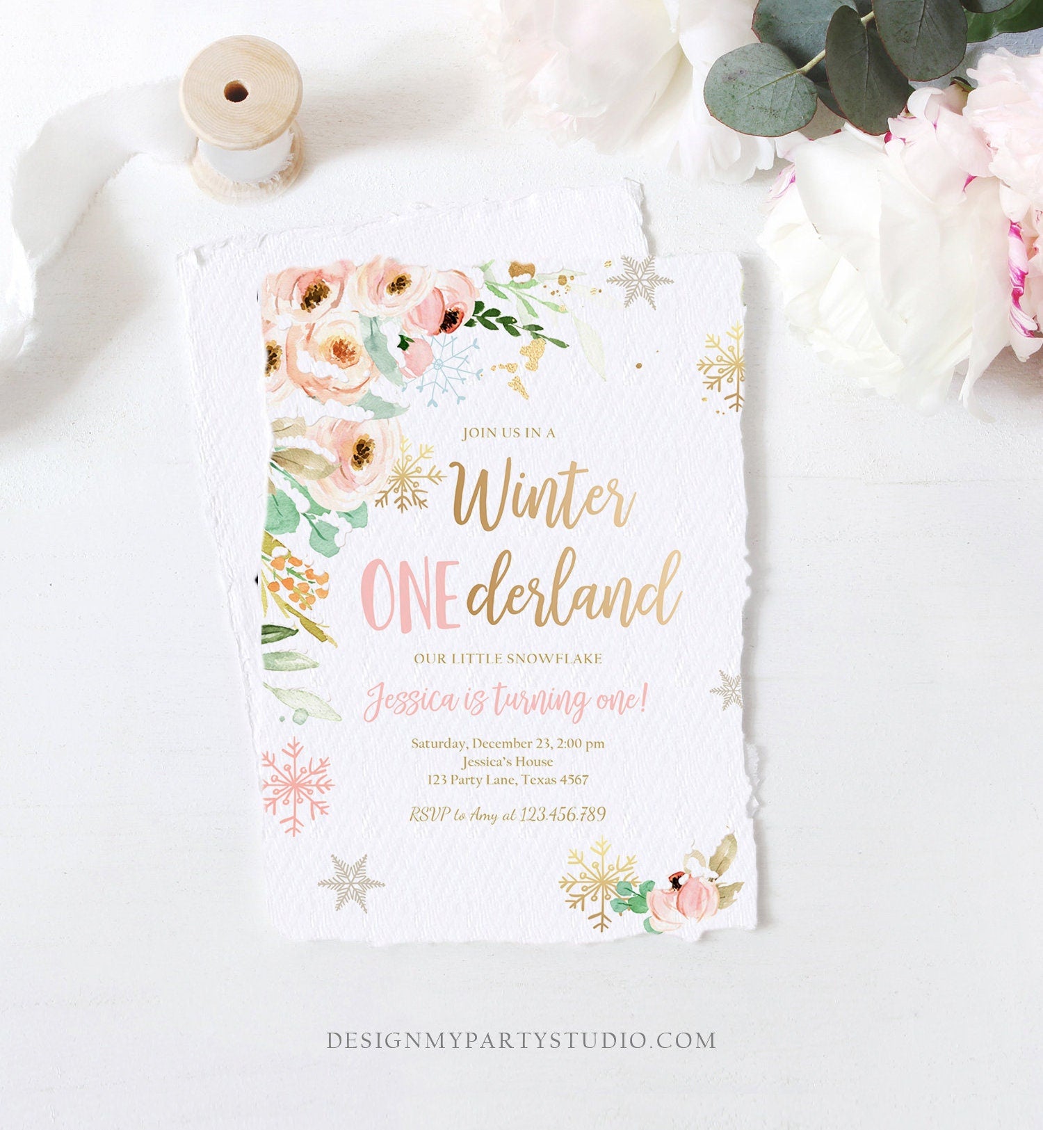 Editable Winter ONEderland Birthday Invitation Floral First Birthday Snowflake Girl Pink Gold Wonderland Evite Template Printable 0184