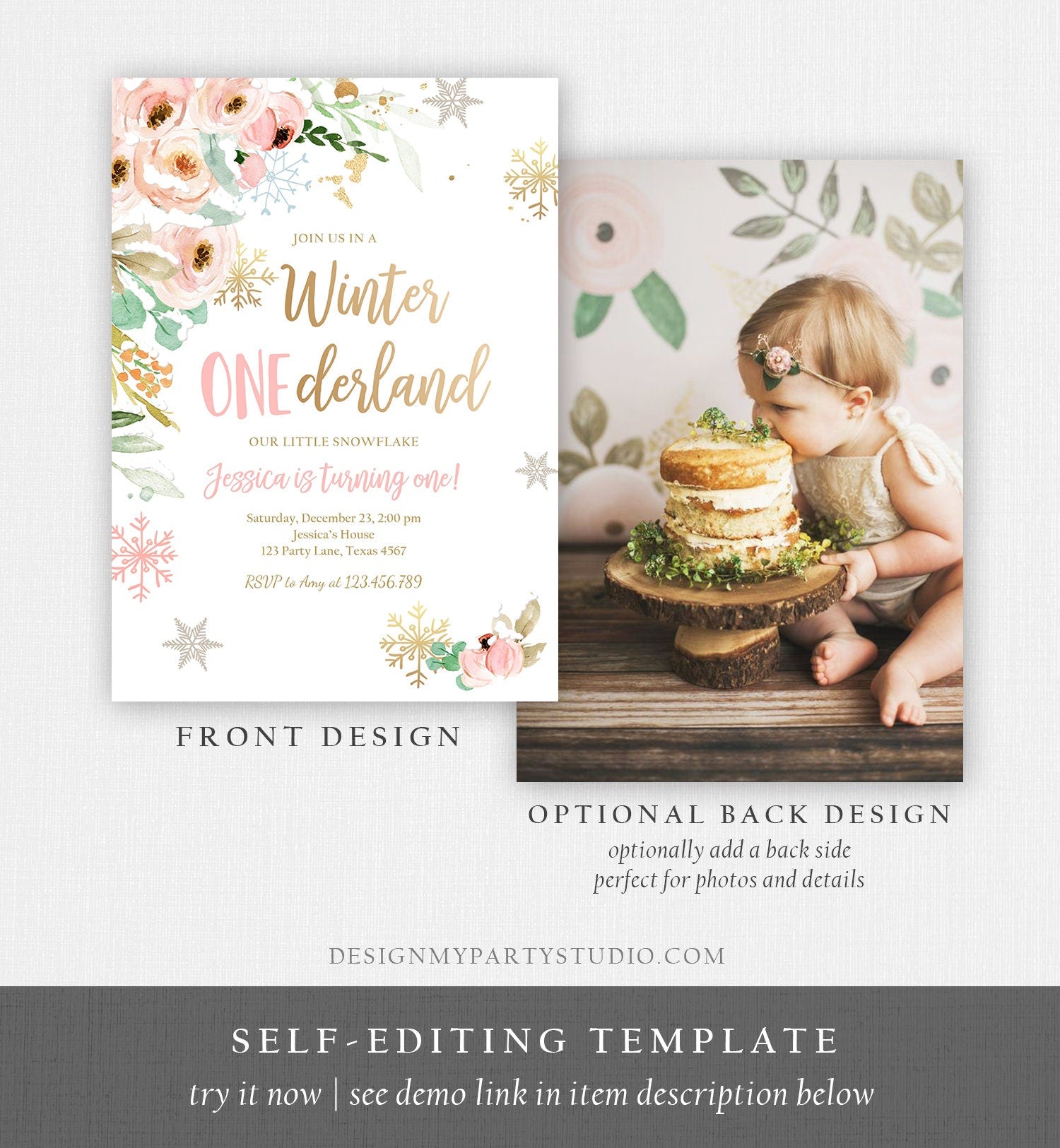 Editable Winter ONEderland Birthday Invitation Floral First Birthday Snowflake Girl Pink Gold Wonderland Evite Template Printable 0184