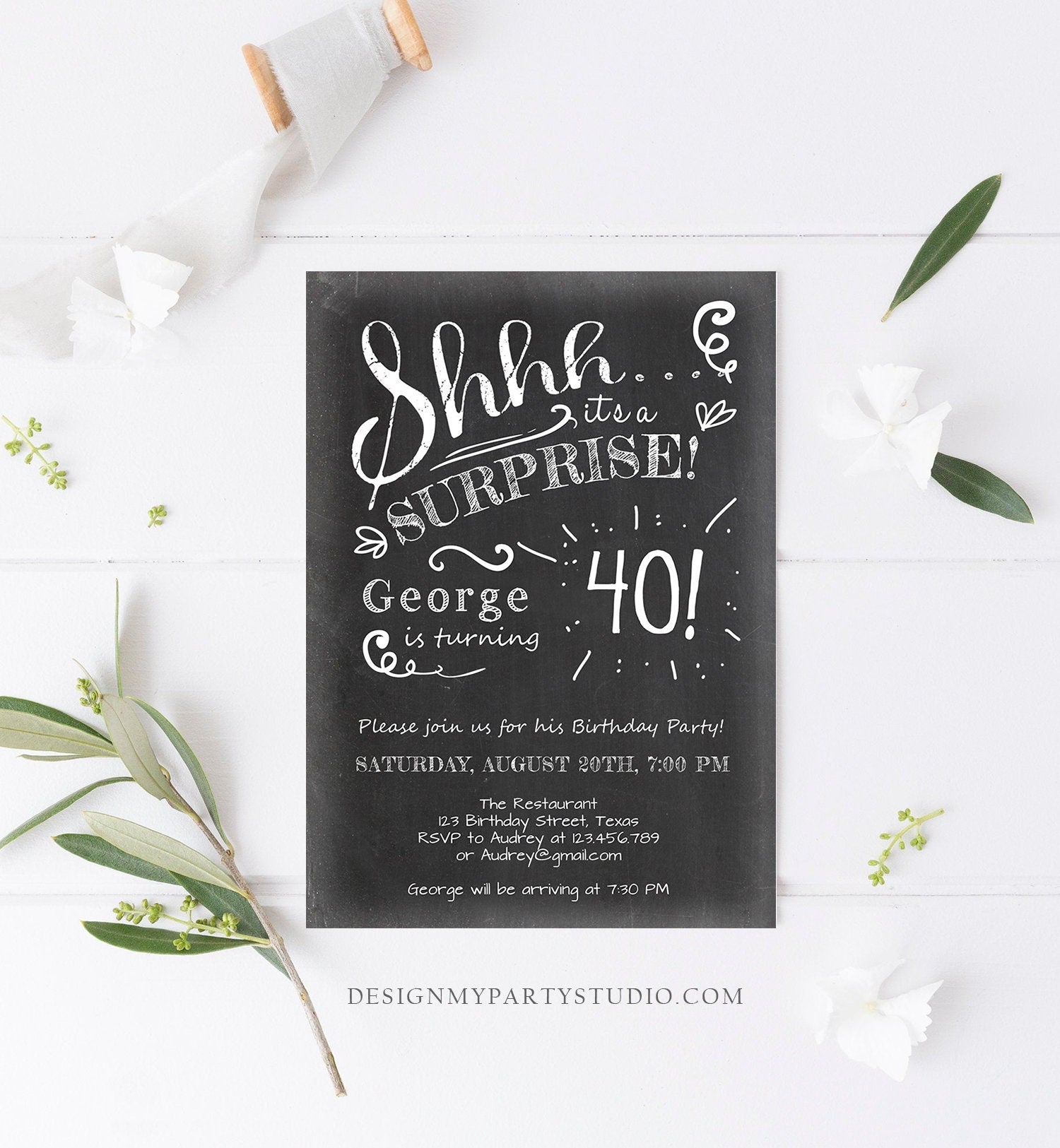 Editable ANY AGE Surprise Birthday Invitation Chalk Rustic Adult 40th Forty Vintage Party Photo Shhh Download Printable Corjl Template 0102