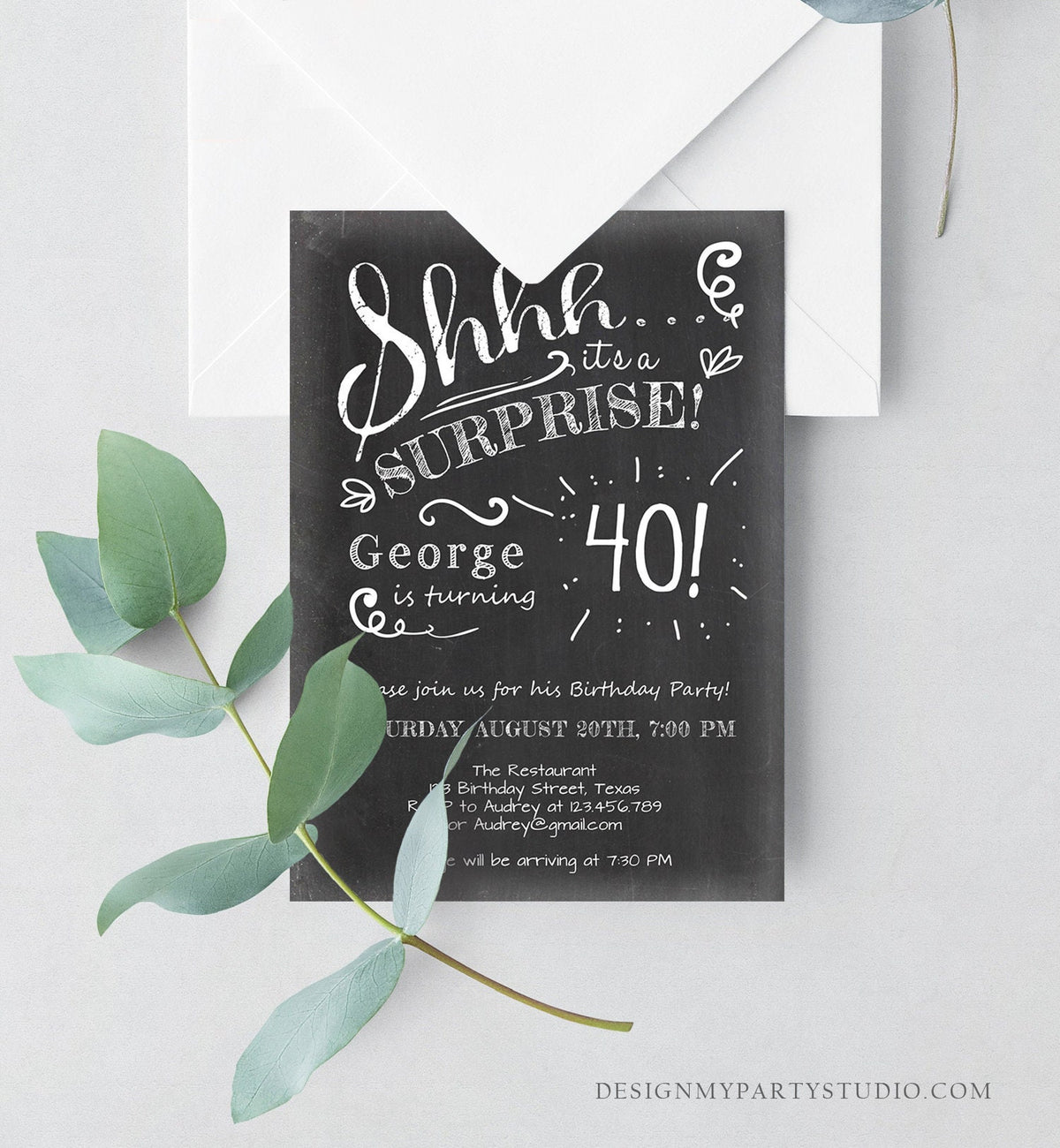 Editable ANY AGE Surprise Birthday Invitation Chalk Rustic Adult 40th Forty Vintage Party Photo Shhh Download Printable Corjl Template 0102