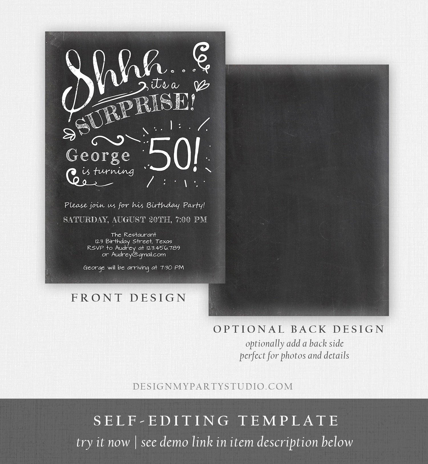 Editable ANY AGE Surprise Birthday Invitation Chalk Rustic Adult 50th Fifty Vintage Party Photo Shhh Download Printable Corjl Template 0102