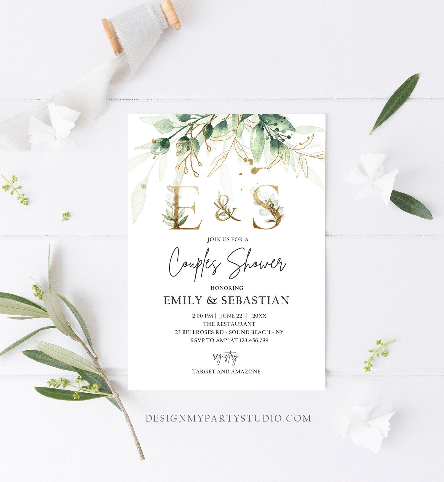 Editable Gold Greenery Monogram Couples Shower Invitation Bohemian Green Floral Gold Bridal Botanical Flower Digital Template Printable 0168