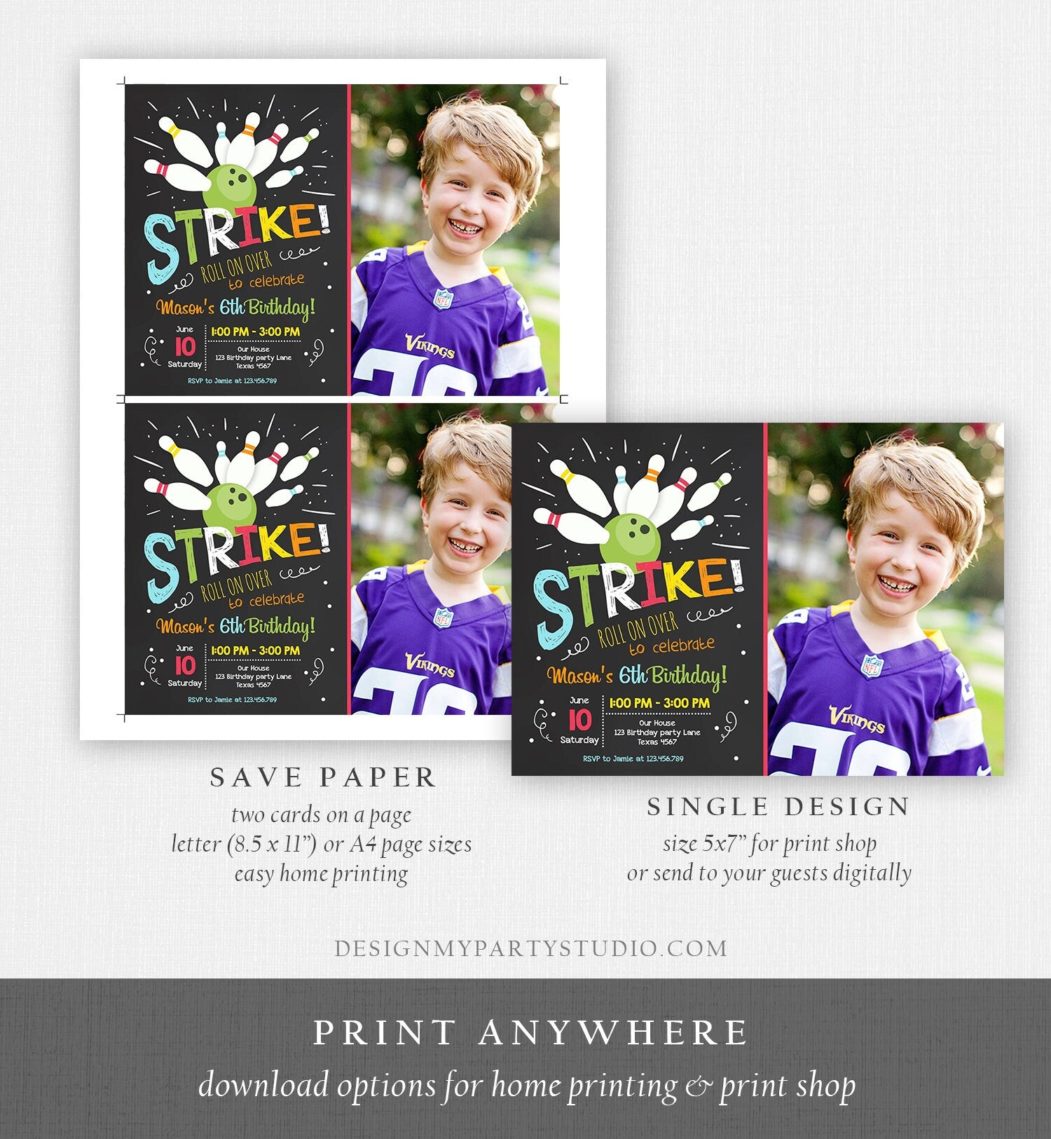 Editable Bowling Birthday Invitation Boys Red Blue Bowling Party Strike Kids Birthday Instant Download Printable Invite Template Corjl 0081