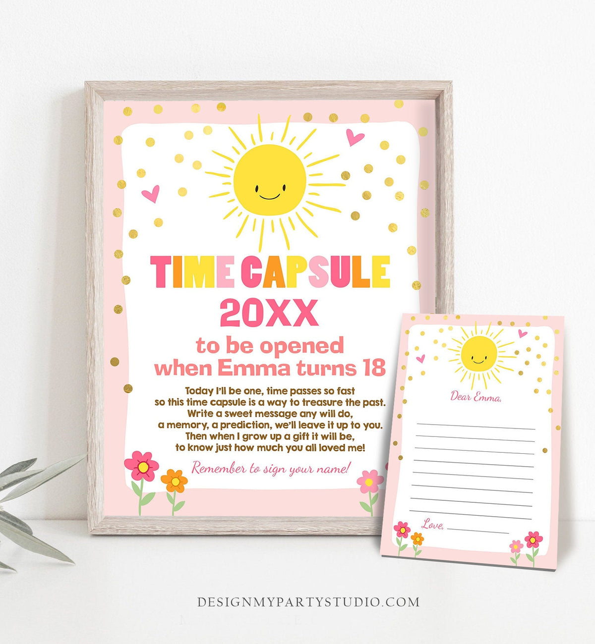 Editable Sunshine Time Capsule First Birthday Party Little Sunshine Pink Gold Girl Birthday Summer Guestbook Corjl Template Printable 0141