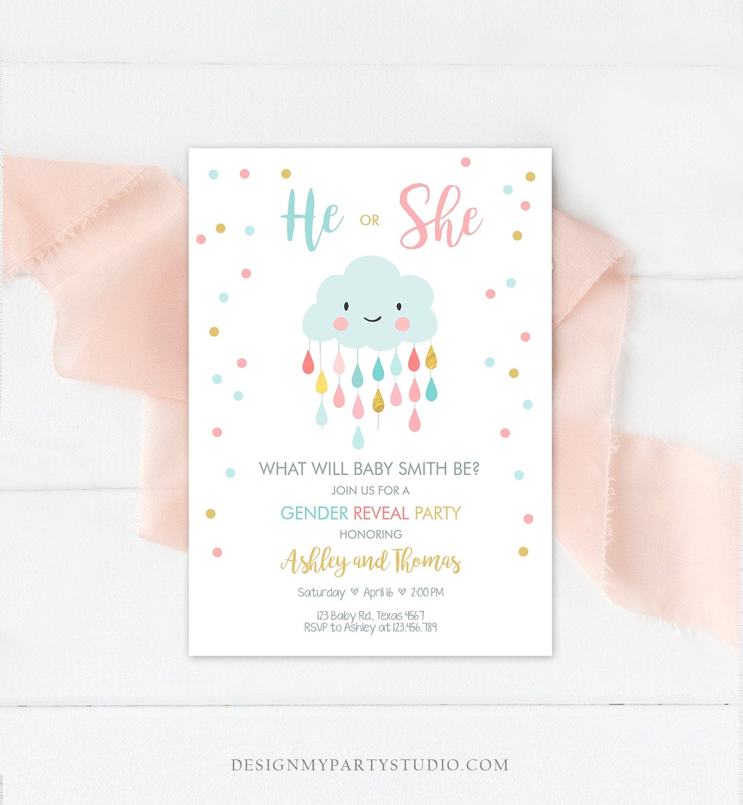 Editable Cloud Gender Reveal Invitation Boy or Girl Blue or Pink He or She Confetti Raindrops Rain Drops Corjl Template Printable 0036