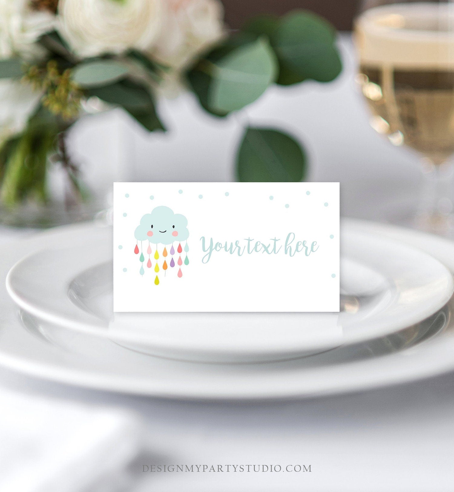 Editable Cloud Food Labels Raindrops Place Card Rain Drops Baby shower Tent Card Escort Card Baby Sprinkle Rainbow Template Printable 0036