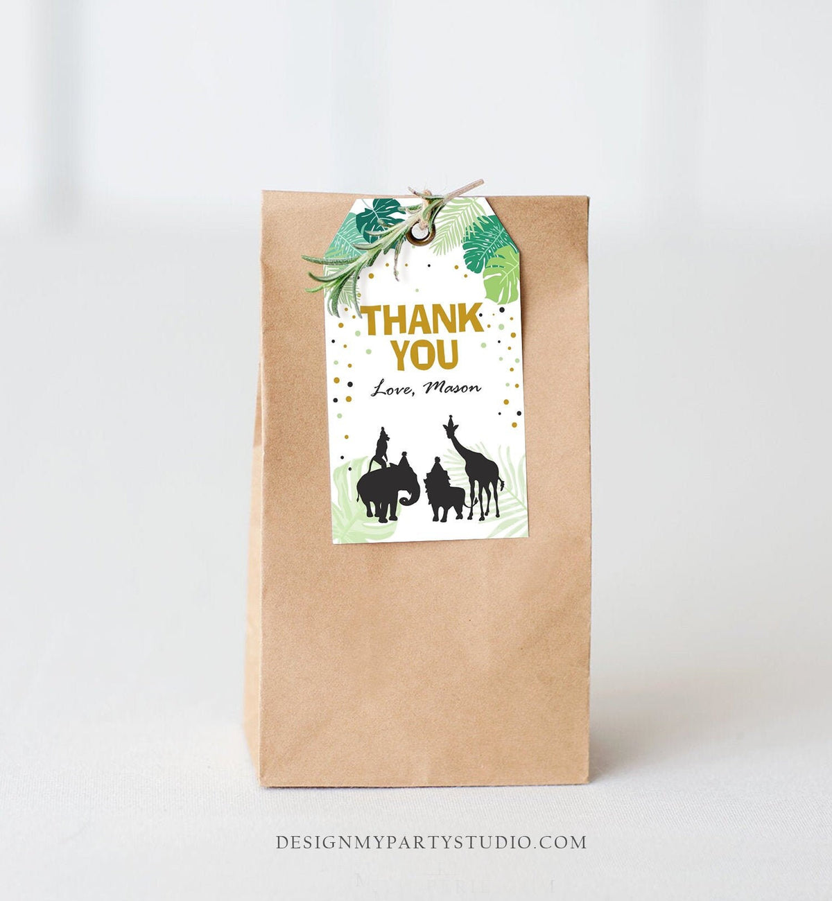 Editable Safari Animals Favor Tag Thank You Tags Wild One Wild Animals Jungle Zoo Download Black Gold Leaves Corjl Template Printable 0068