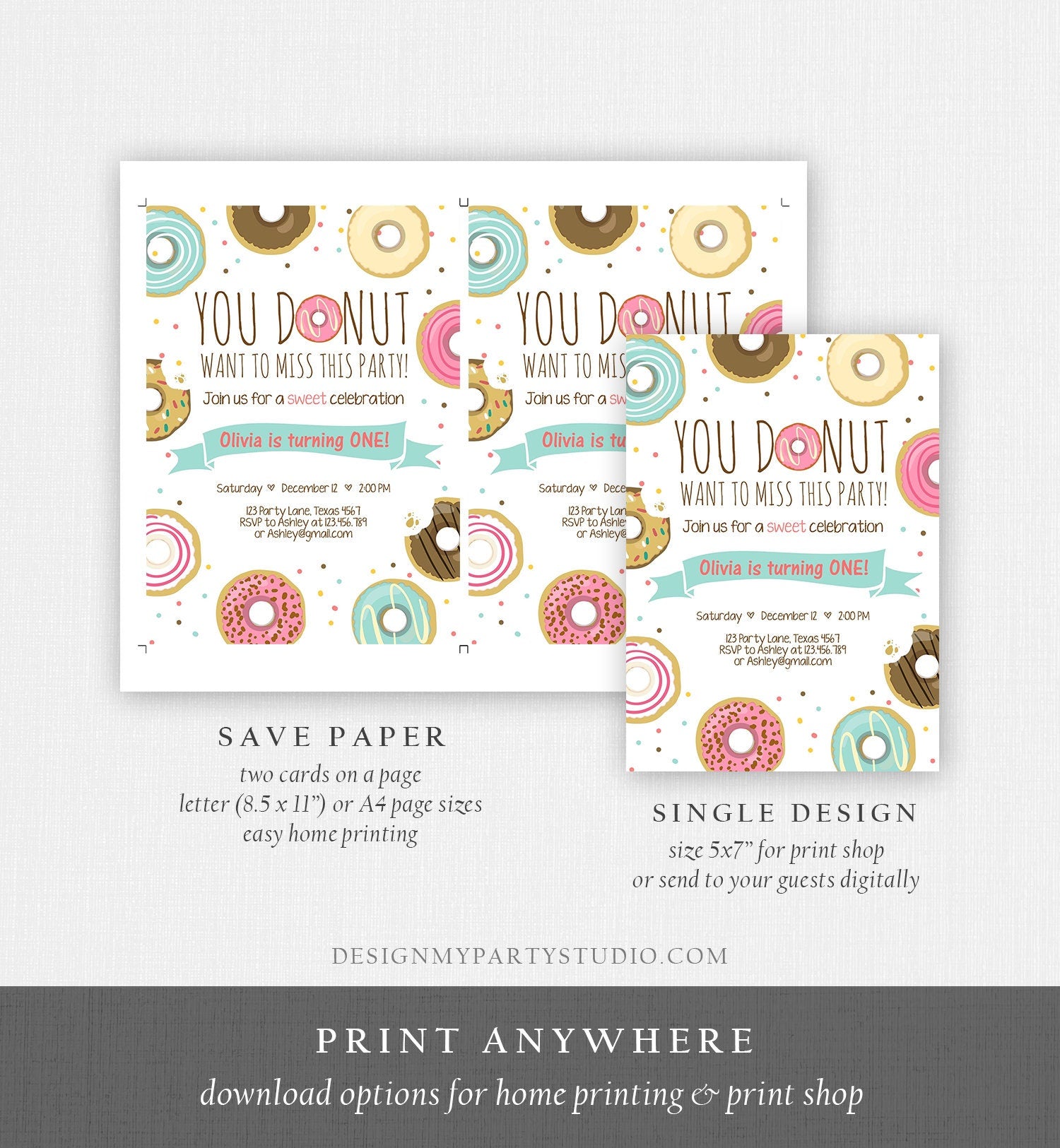 Editable Donut Birthday Invitation You Donut Want To Miss This Girl Pink Sweet Doughnut First Birthday 1st Donut Grow Up Corjl Template 0050