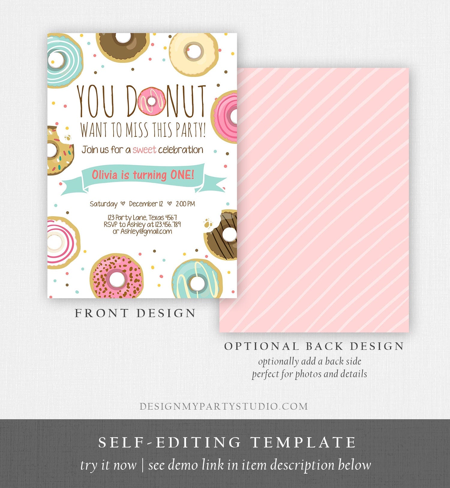 Editable Donut Birthday Invitation You Donut Want To Miss This Girl Pink Sweet Doughnut First Birthday 1st Donut Grow Up Corjl Template 0050