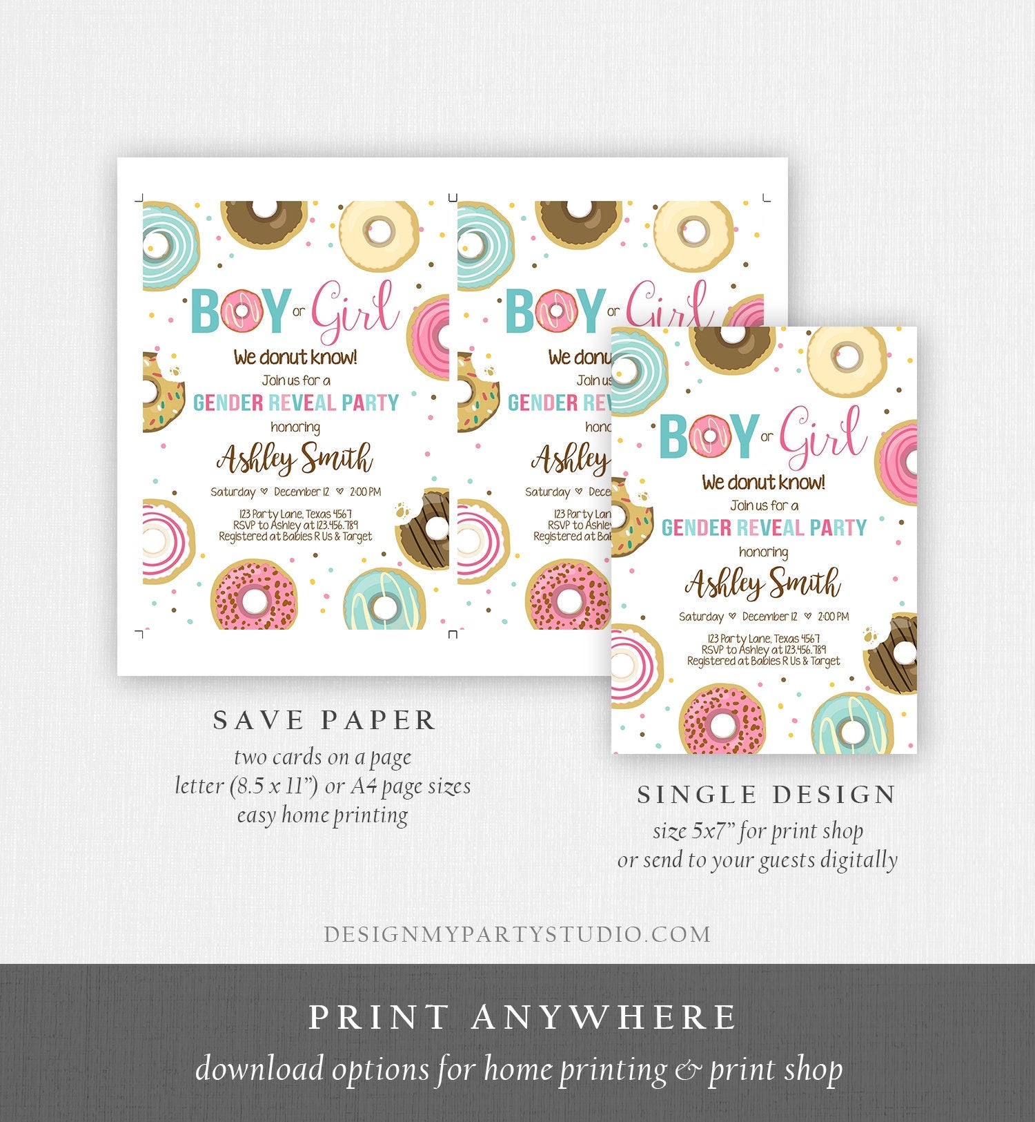 Editable Donut Gender Reveal Invitation Baby Shower Boy or Girl Pink or Blue He or She Pink Sweet Corjl Template Download Digital 0050