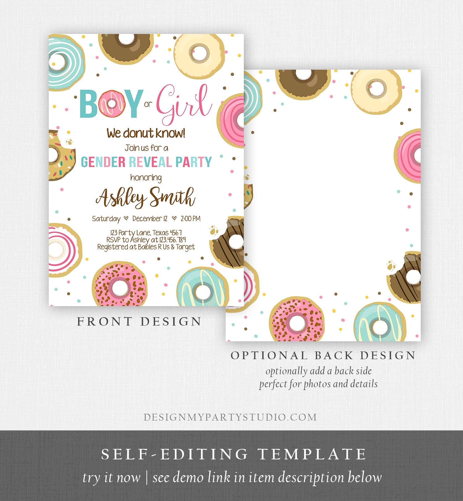 Editable Donut Gender Reveal Invitation Baby Shower Boy or Girl Pink or Blue He or She Pink Sweet Corjl Template Download Digital 0050