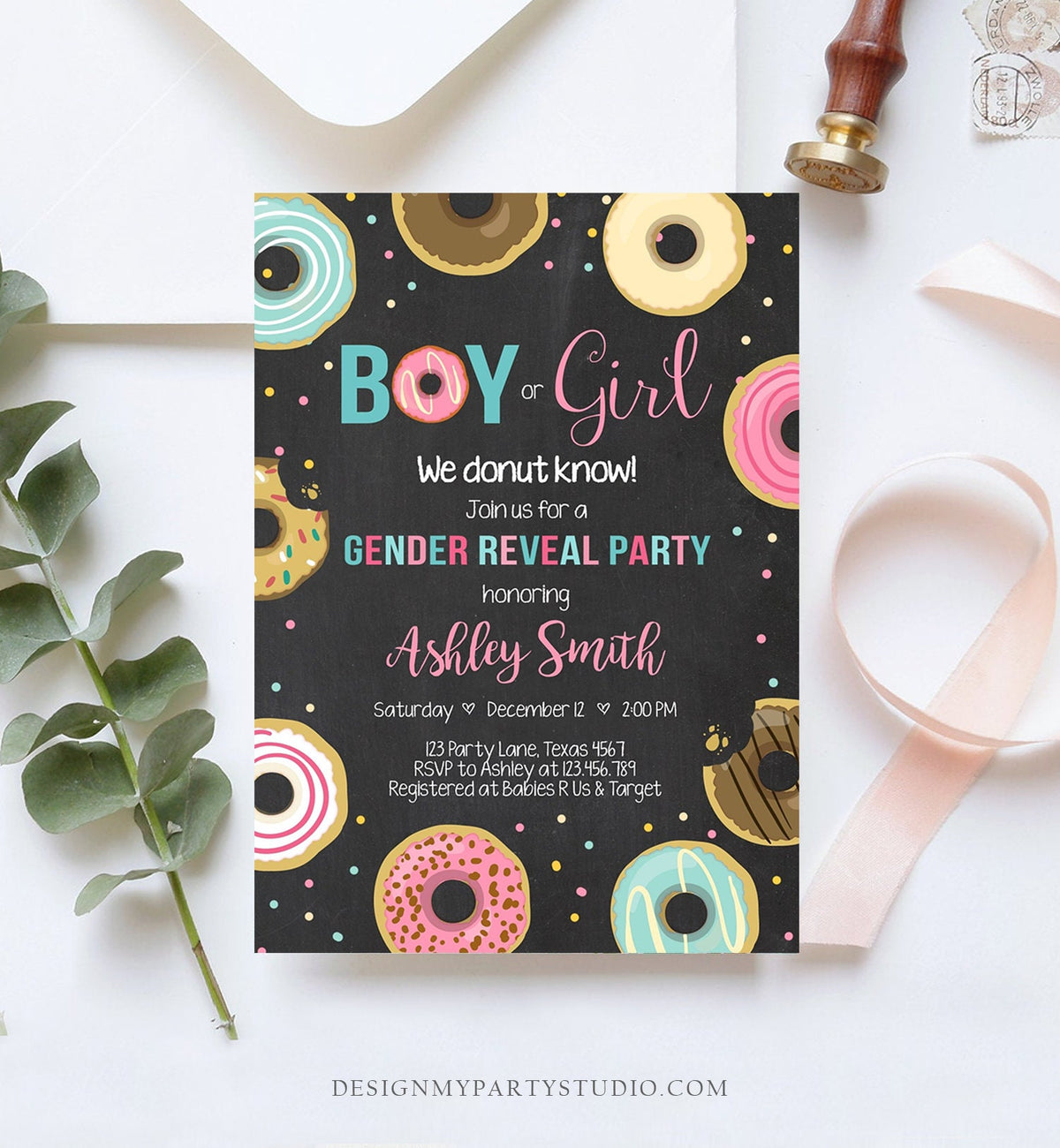 Editable Donut Gender Reveal Invitation Baby Shower Boy or Girl Pink or Blue He or She Pink Chalk Sweet Corjl Template Download Digital 0050