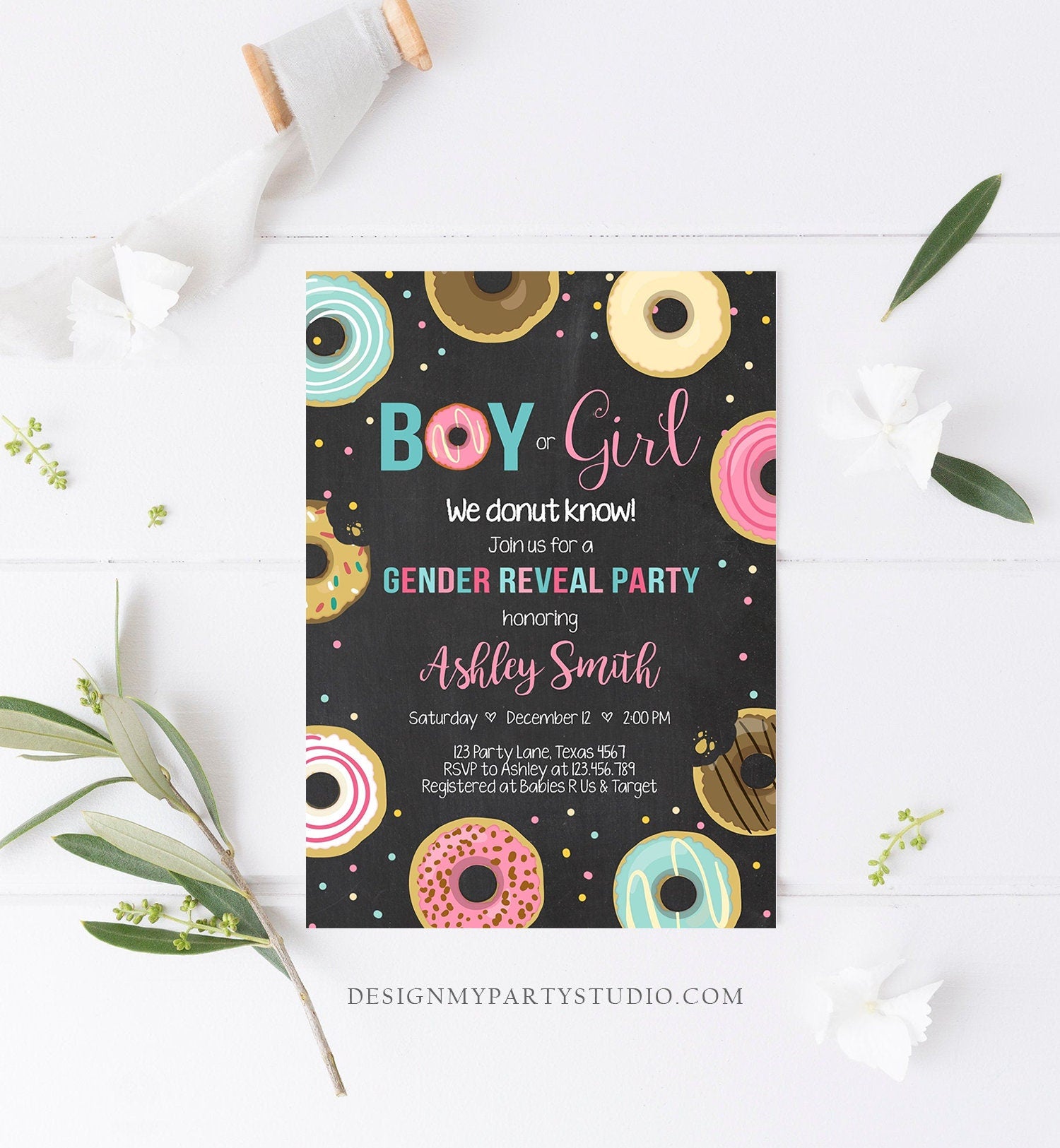 Editable Donut Gender Reveal Invitation Baby Shower Boy or Girl Pink or Blue He or She Pink Chalk Sweet Corjl Template Download Digital 0050