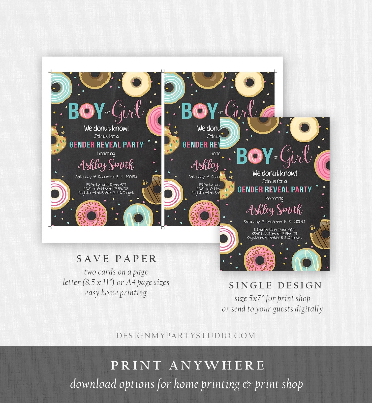 Editable Donut Gender Reveal Invitation Baby Shower Boy or Girl Pink or Blue He or She Pink Chalk Sweet Corjl Template Download Digital 0050